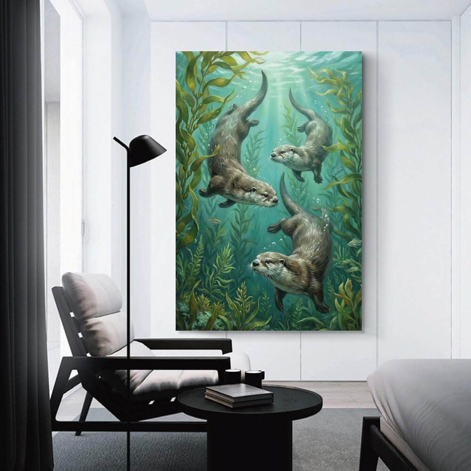 Junmoney Canvas Art Print Otters in Kelp Forest Painting, 12x18inch(30x45cm), for Office, Study Or Home Workspace, Decorative Artwork for Productive Spaces