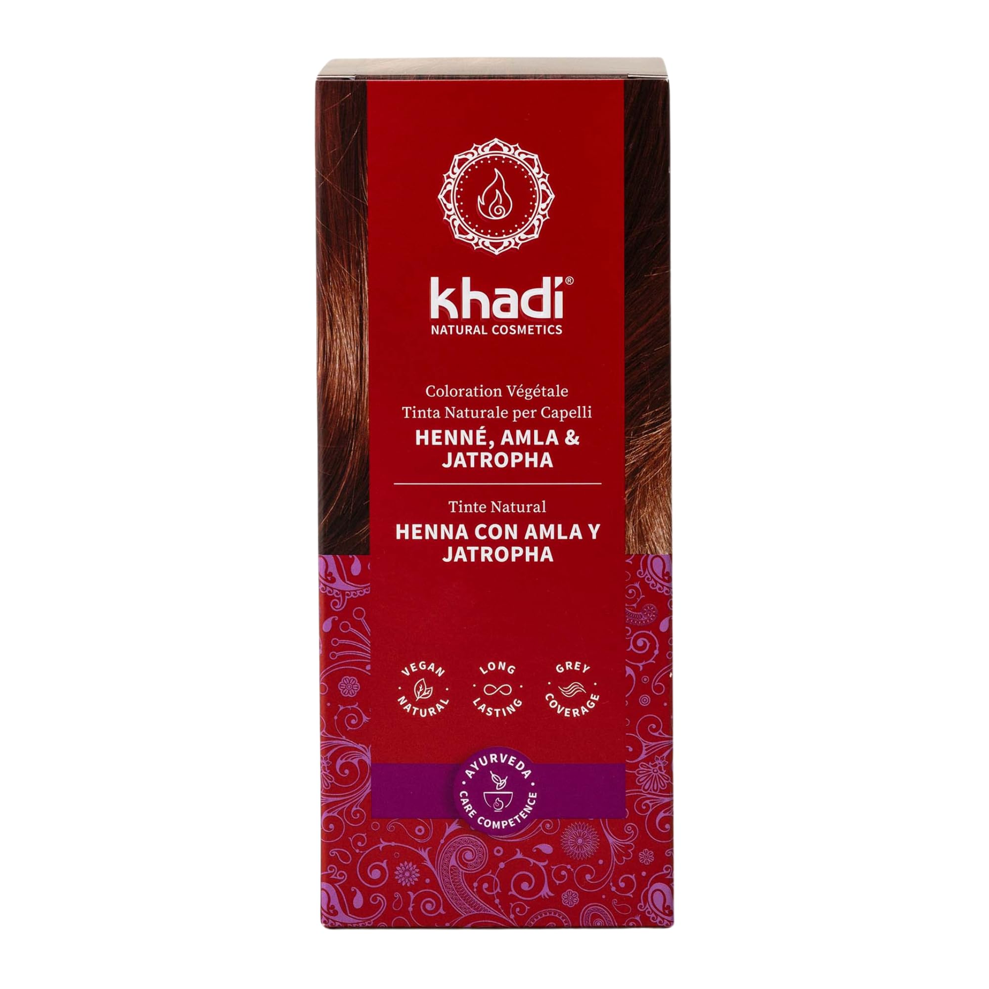 khadi HENNA, AMLA & JATROPHA Pflanzenhaarfarbe - Haarfarbe für kräftiges, dunkles Tiefrot bis zu auffälligem, sattem Mahagoni - Naturkosmetik 100g