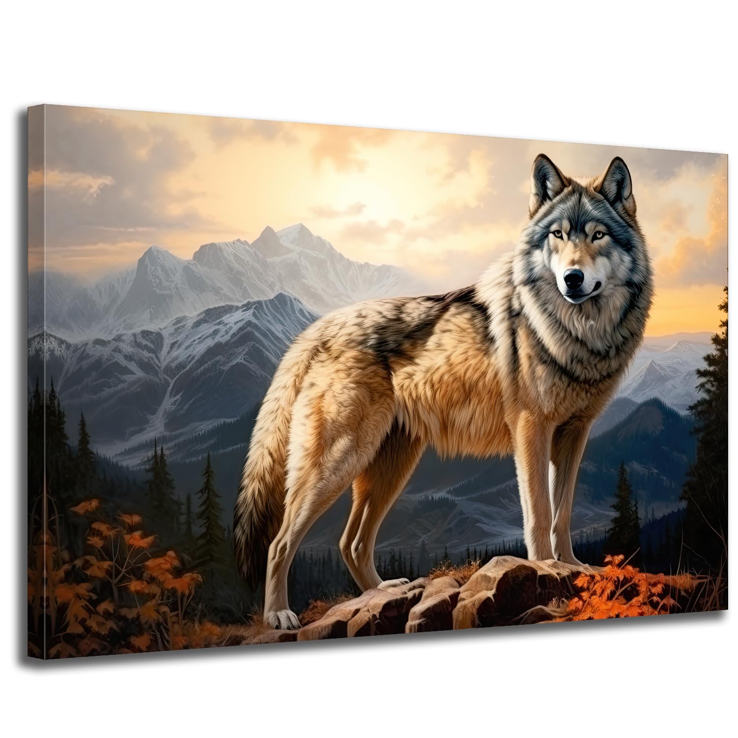 Wolf Wall Art Canvas Wolf in the Mountains Wildlife Landscape Forest Rocky Poster Artwork Framed Modern Home Office Bathroom Living Room Decor