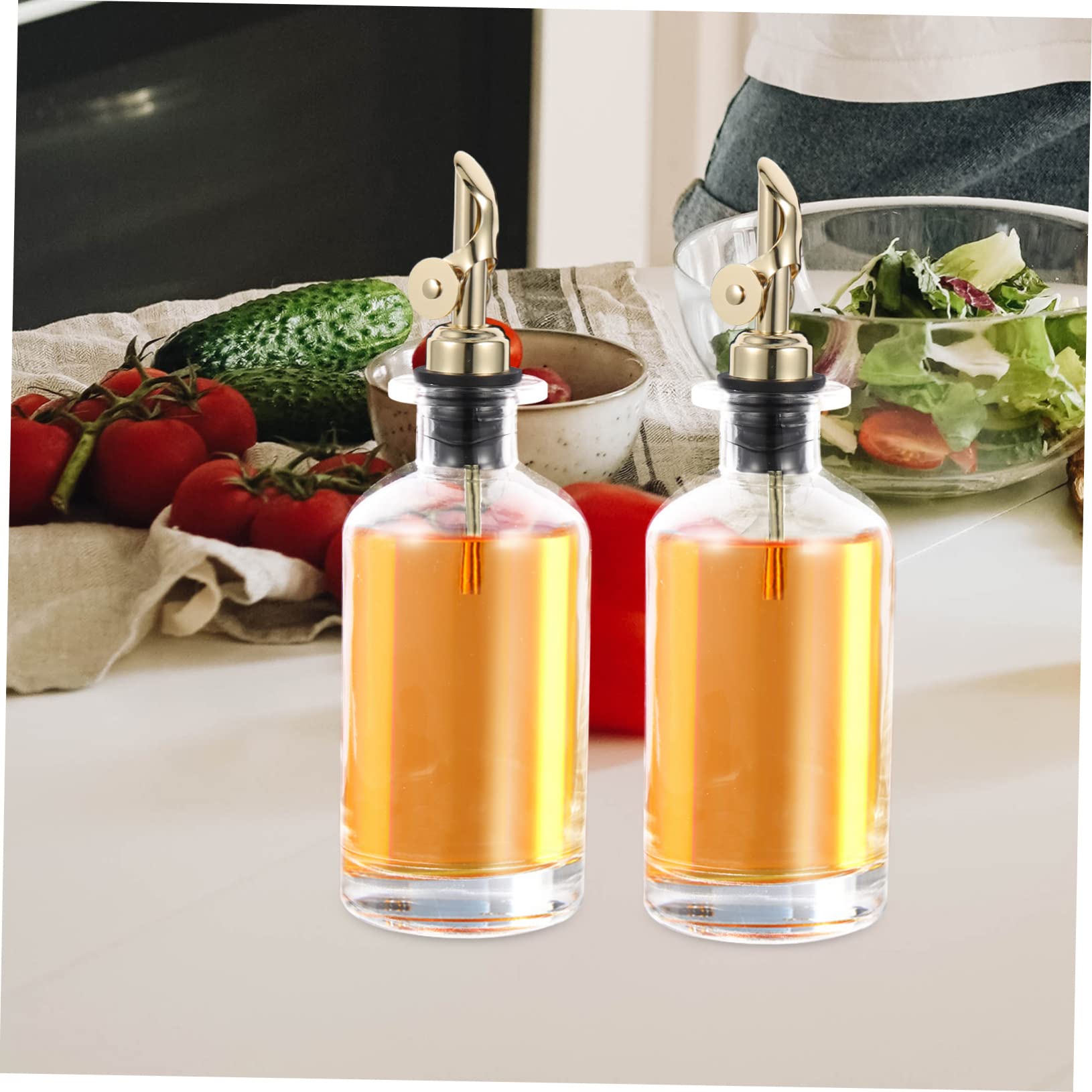 TOPBATHY Dispenser per Olio e Aceto Apertura Automatica Controllo del Flusso, 2 Bottiglie, in Vetro e Acciaio Inox, 350ml, per Cucina e Barbecue