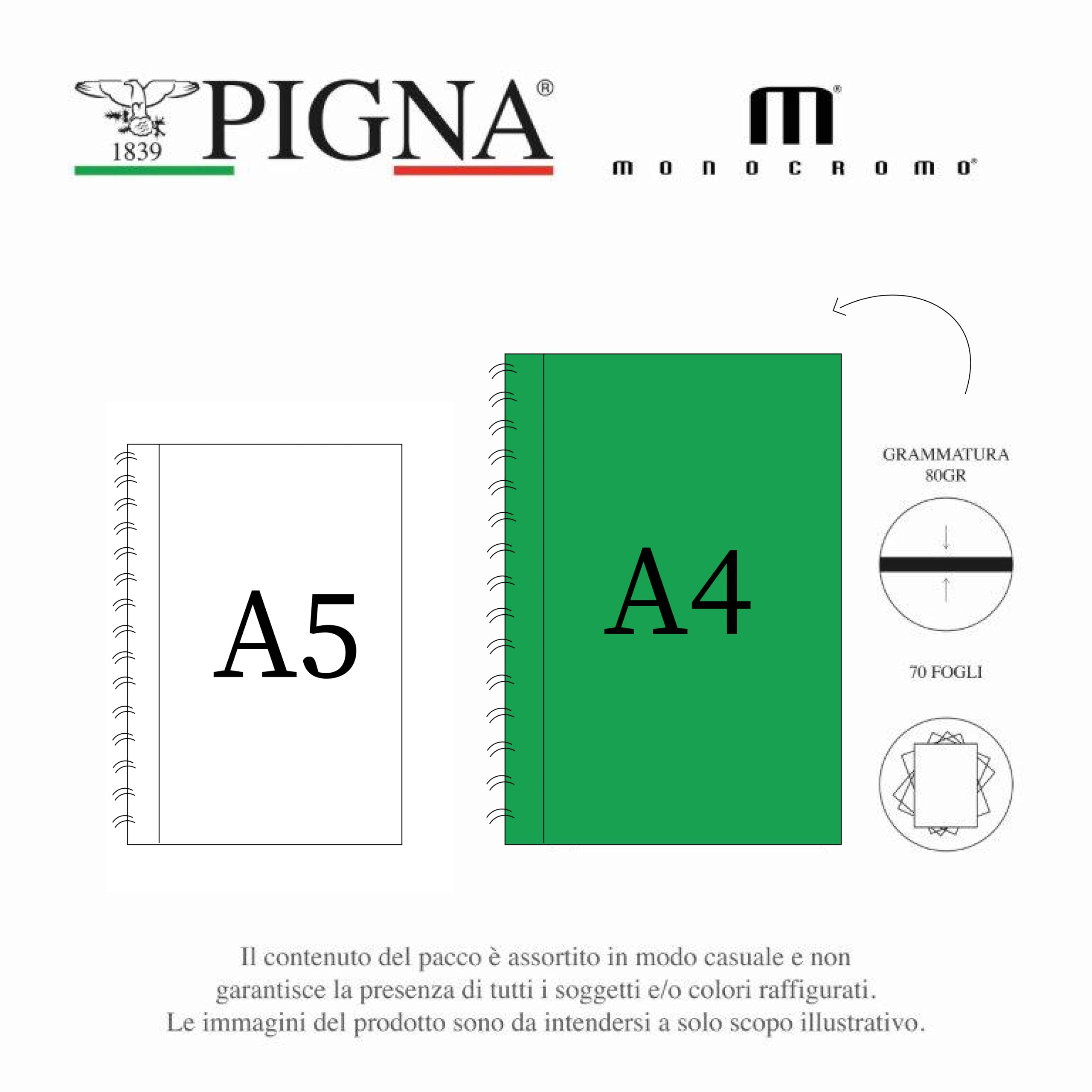 Pigna Confezione 5 Maxi Quaderni Spiralati A4 MONOCROMO 5M Quadretti 5mm Microperforazione