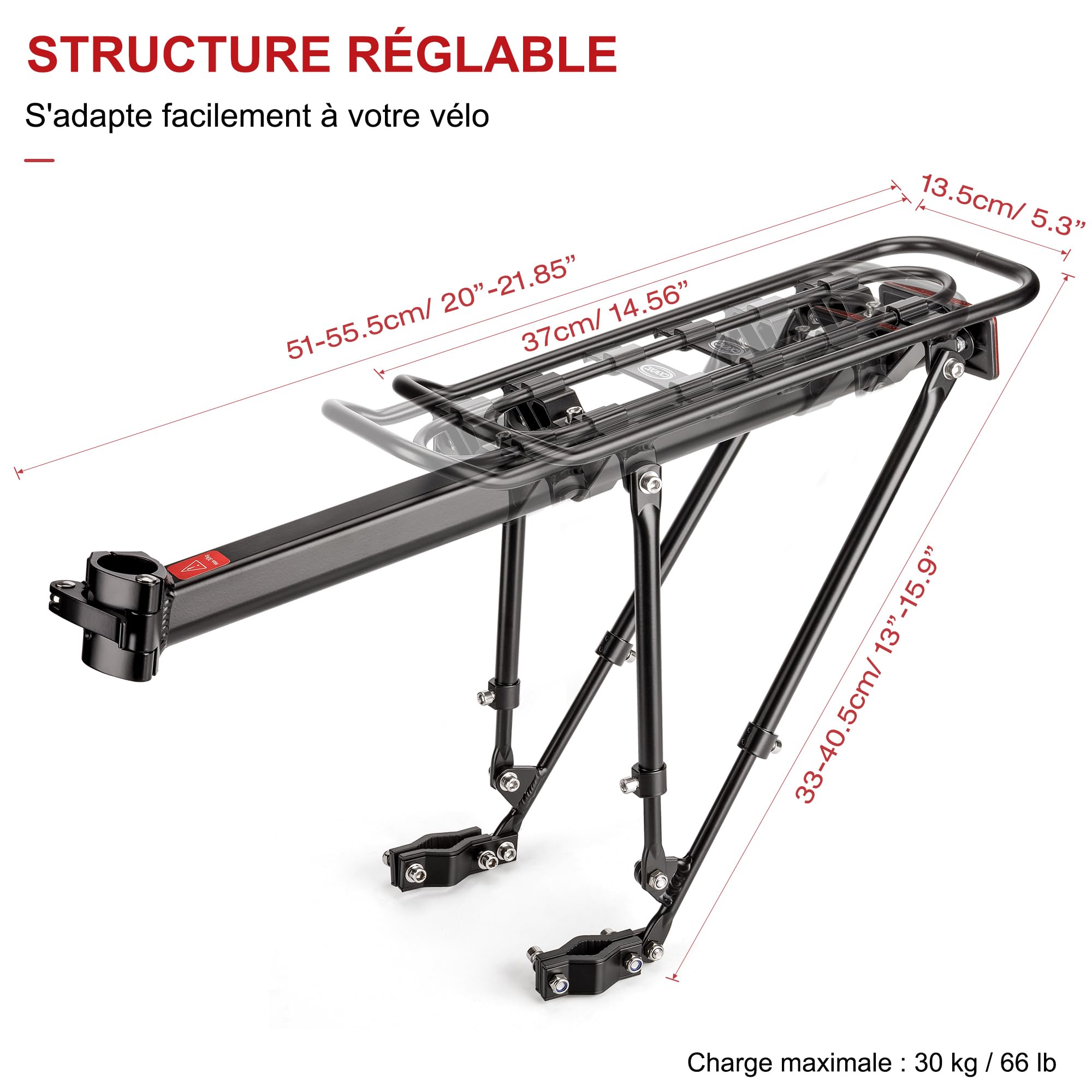 CXWXC Porte-bagages arrière pour vélo - Porte-bagages universel à fixer sur la tige de selle - Porte-bagages pour sacoches de vélo et équipement de tourisme - Charge maximale : 30 kg