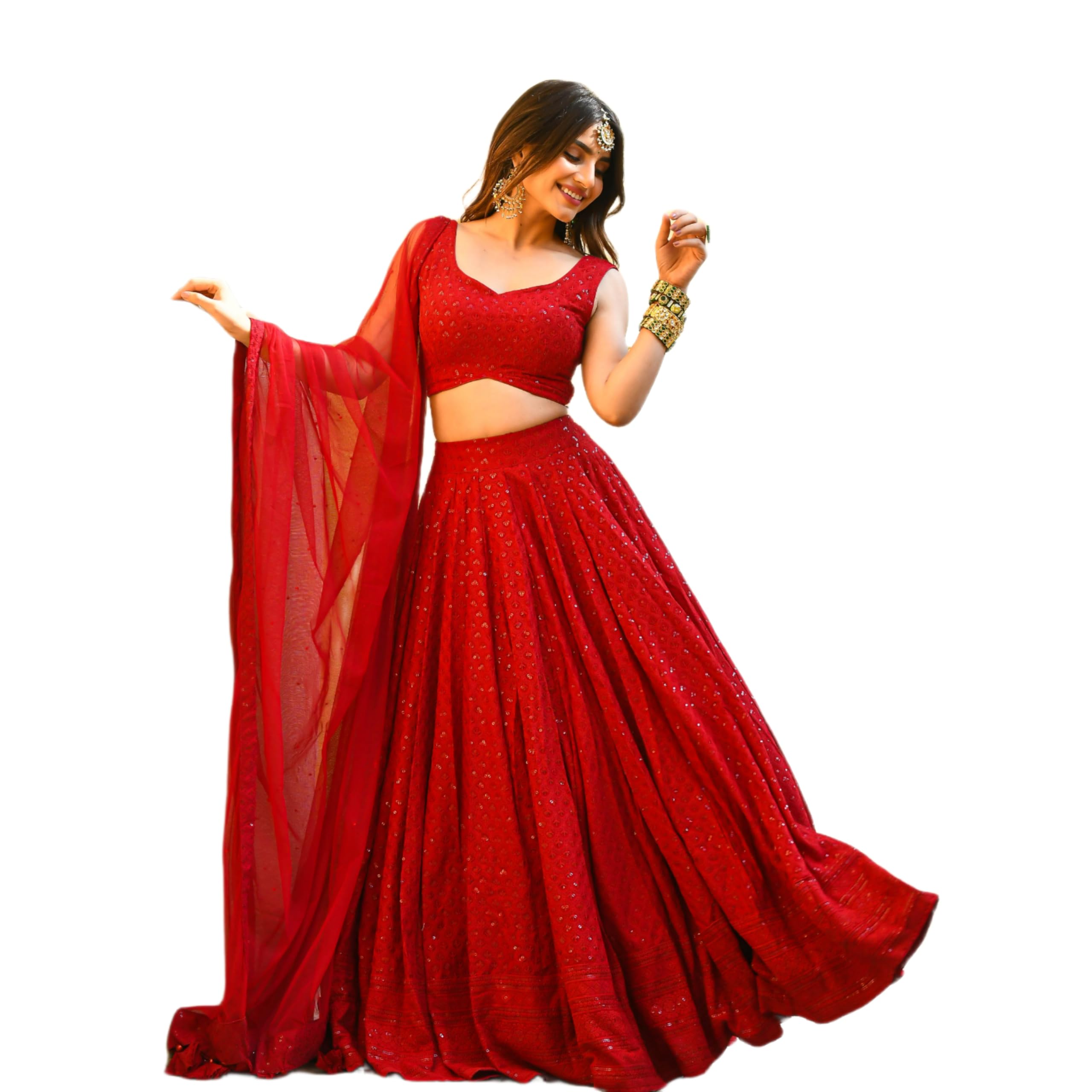 Bridal Red Chikankari Lehenga Blouse Set | Women's Indian Ethnic Wedding Party Lehenga Choli With Dupatta
