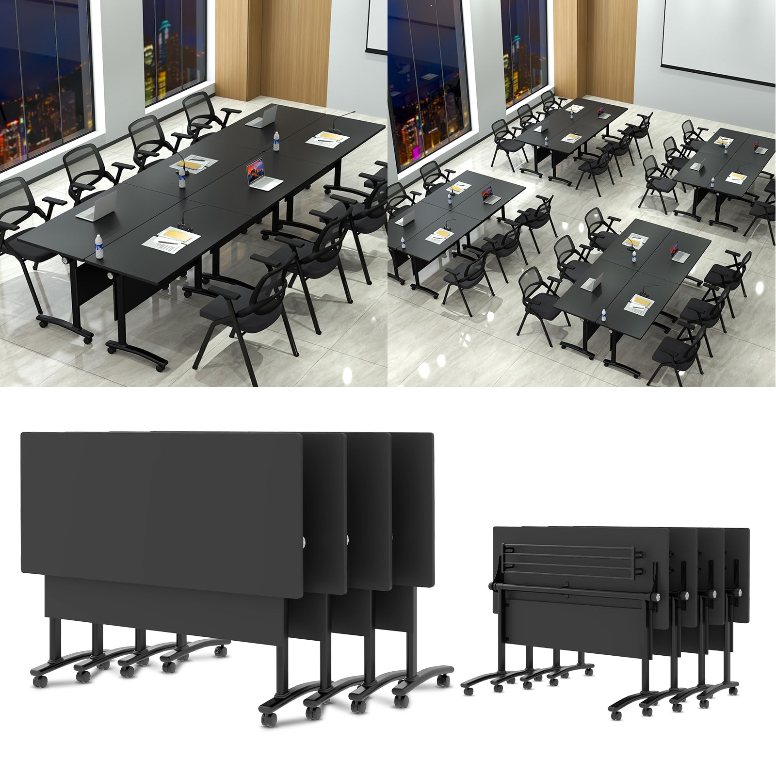 Modern Conference Table, Folding Conference Room Table with Rolling Wheels, Stackable Flip Top Mobile Training Table Modular Seminar Meeting Tables
