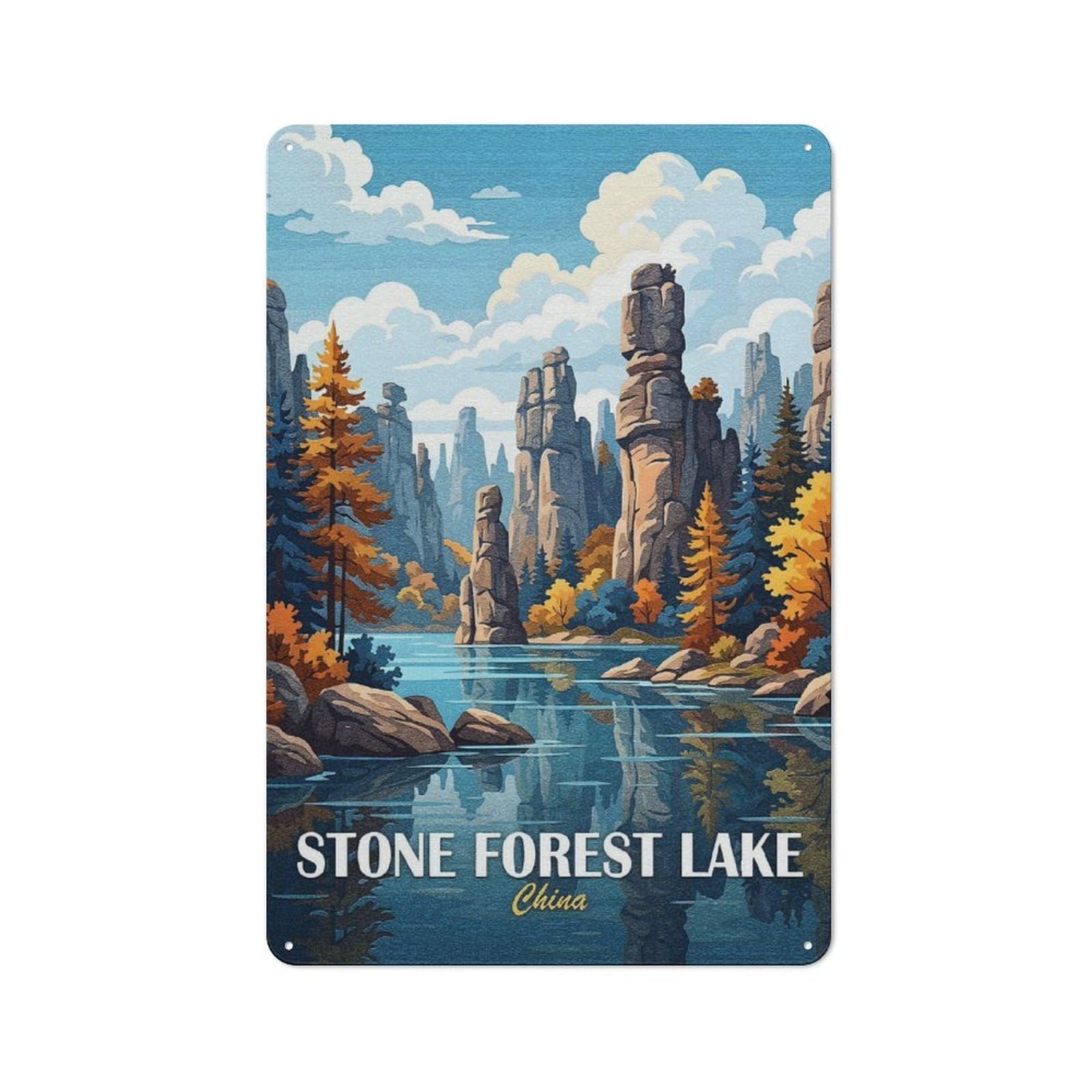 Vintage Metal Plaque 30x20cm Featuring Stone Forest Lake, China, Diner Style Decor for Restaurant, Kitchen, Counter Or Breakfast Nook