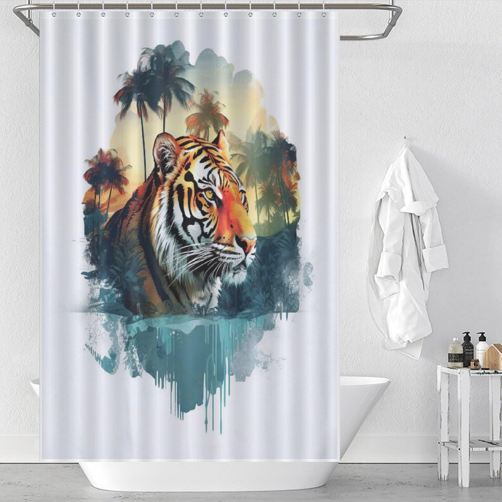 Rideau de douche tigre imperméable en tissu polyester lavable avec crochets