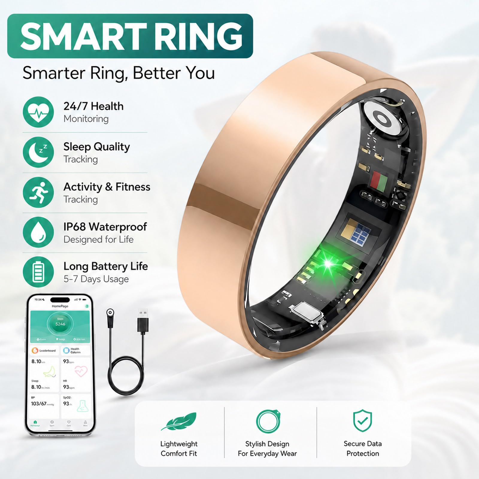 Smart Ring Uomo Donna, 2026 Nuovo Smart Ring, IP68 Resistente all'Acqua Molteplici modalità Sportive Contapassi Monitoraggio delle Calorie Anello Fitness Tracker Black-8#