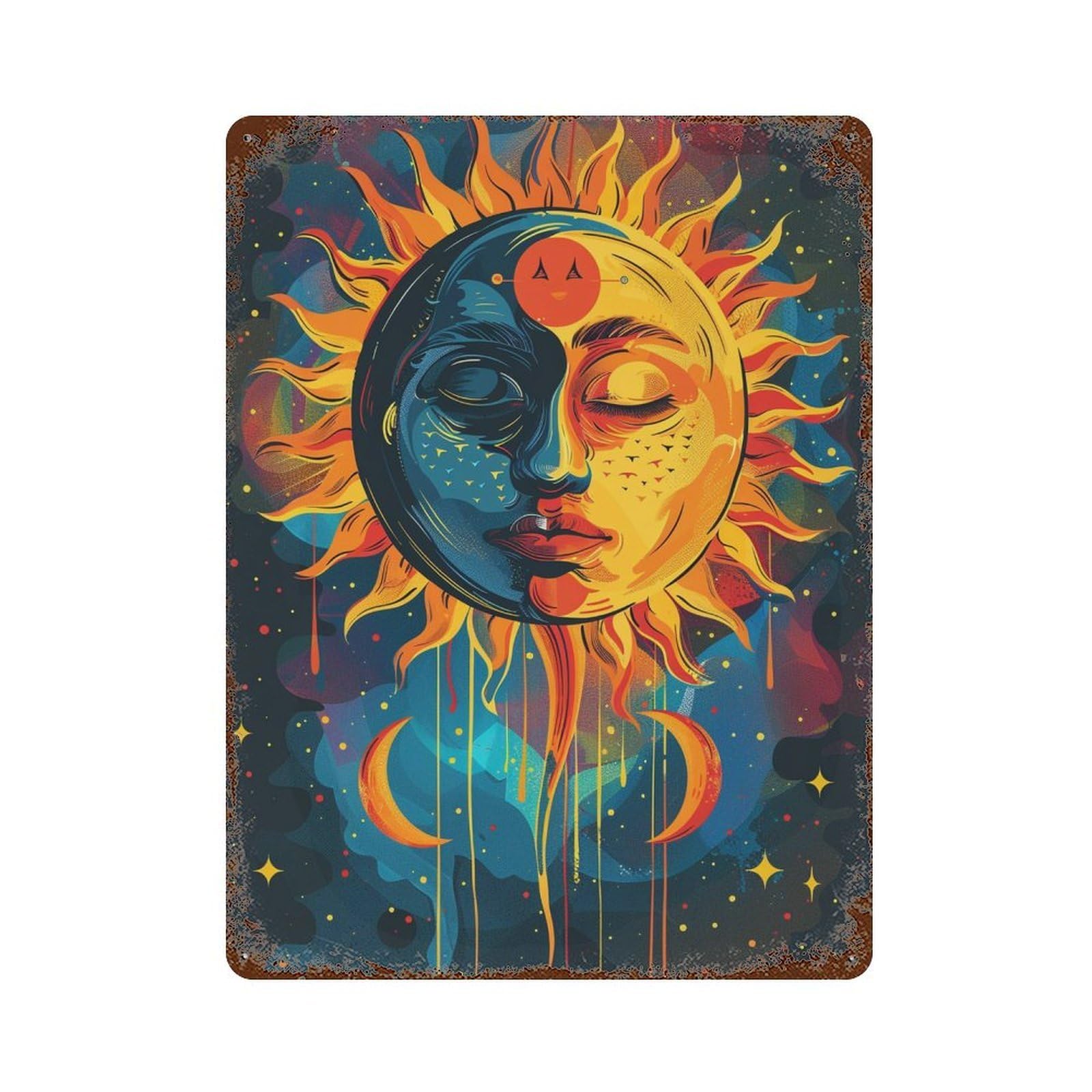Yin-Yang Celestial Face Art Print Distressed Metal Wall Sign 15.7"x11.8", for Garage, Bar And Workshop Decor, Decorative Metal Wall Art