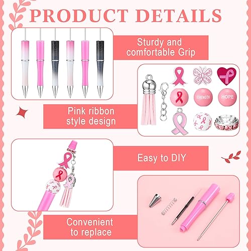Miniatura 3 de Colarr 60 bolígrafos de cinta rosa para concientización sobre el cáncer de mama, artículos a granel, bolígrafos de plástico con cuentas, bolígrafos