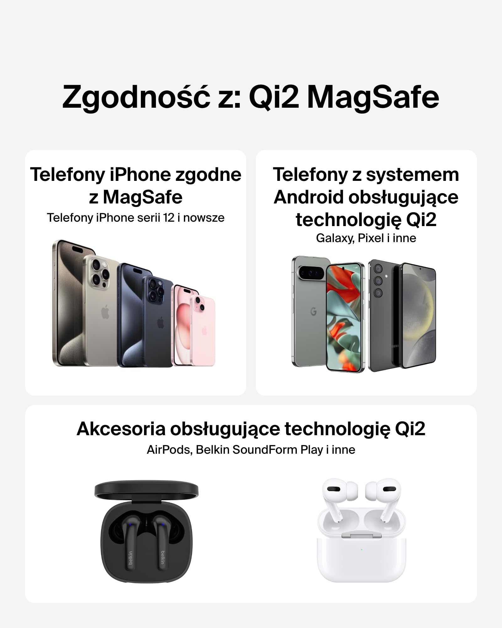 Belkin magnetyczna bezprzewodowa podkładka ładująca 15 W z podstawką – zgodna z MagSafe ładowarka Qi2 do urządzeń iPhone serii 16, Samsung Galaxy serii S25, AirPods zasilacz w zestawie – czarna