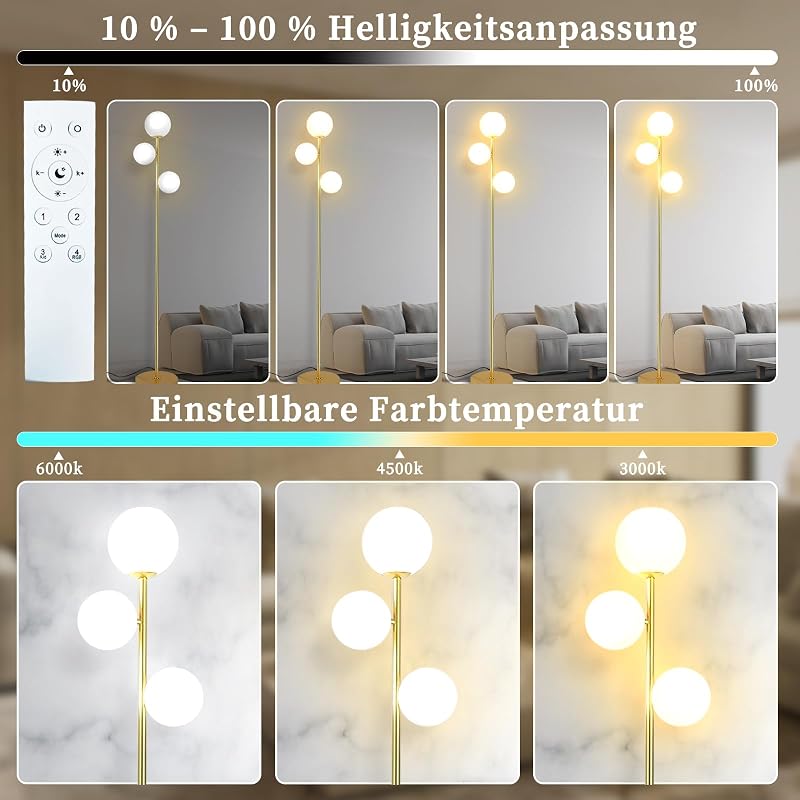 YuveSeqin arany állólámpa távirányítóval, 3 E27 LED izzóval, nappali hálószoba irodai lámpa 170 cm