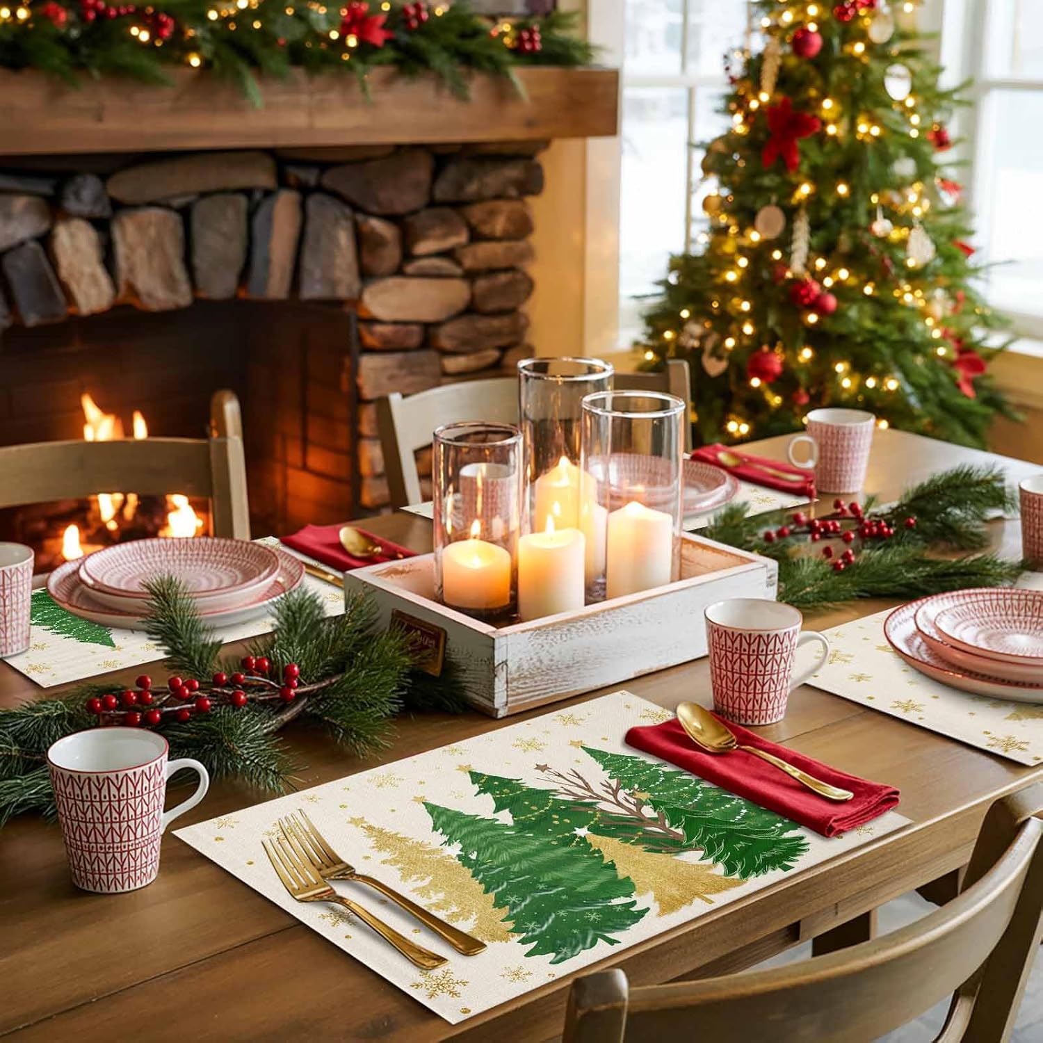Christmas Tree Placemats Set of 6 Winter Snowflakes Table Mats Christmas Winter Holiday Decoration for Kitchen Dining Home Party