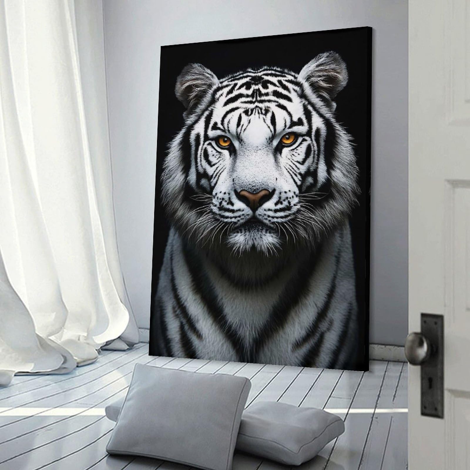Junmoney Majestic White Tiger Portrait on Black Canvas Wall Decor, 24x36inch(60x90cm), for Office, Study Or Home Workspace, Wall Art That Adds Style to Work Areas