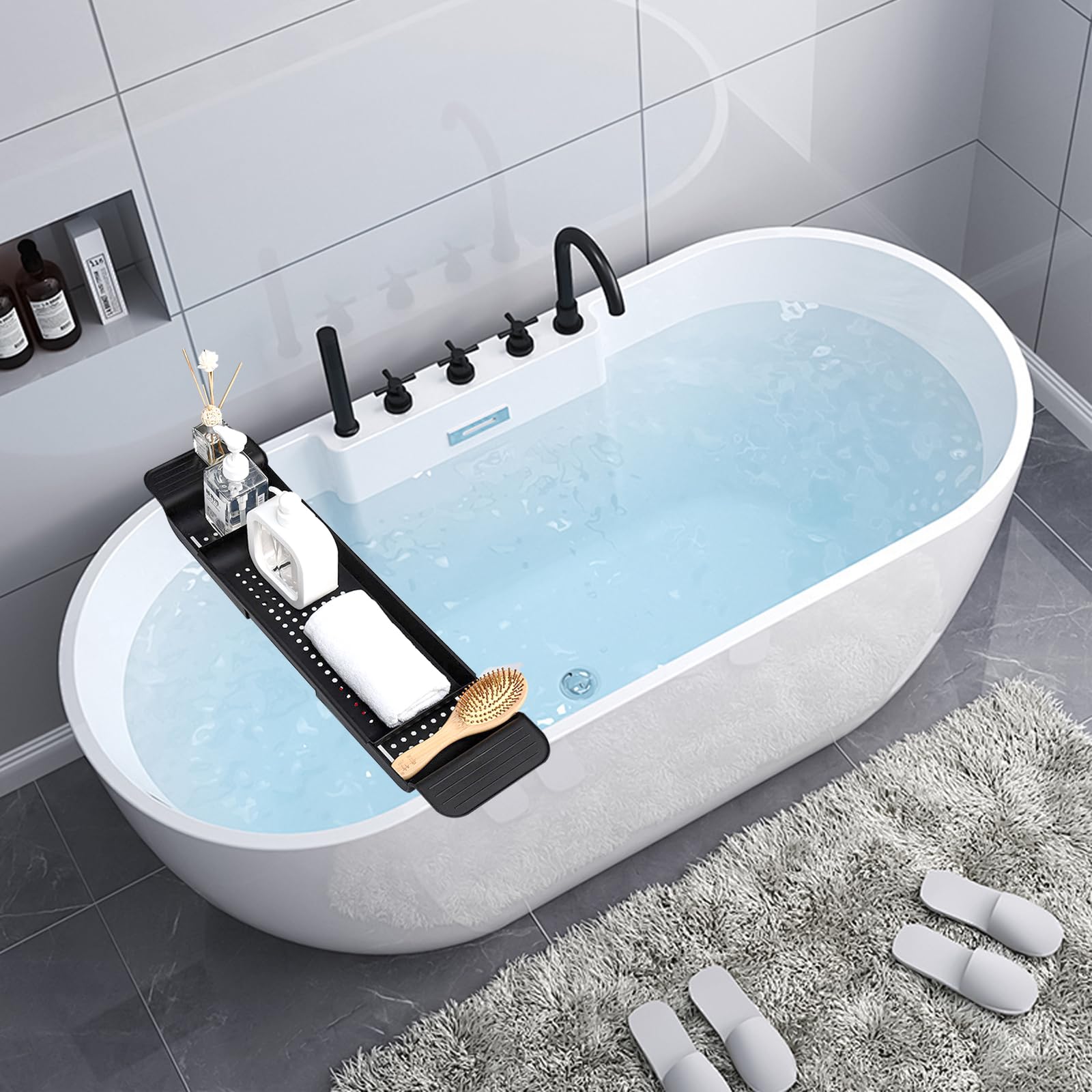 Vassoio per vasca da bagno con design di scarico, in plastica espandibile, per bicchieri da vino, tablet, aromaterapia, pettini, candele, prodotti da bagno (Nero)