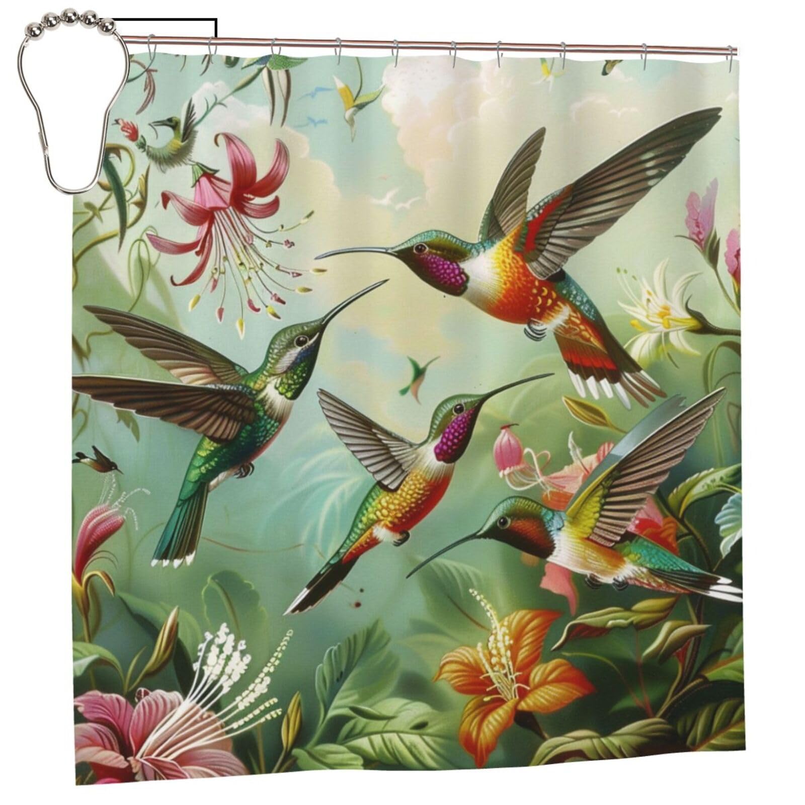 BWWHCCTI Beautiful Hummingbirds Printed Shower Curtain With 12 Iron Hooks Opaque Quick Drying Waterproof Shower Curtains Sets For Bathroom 183x183 CM