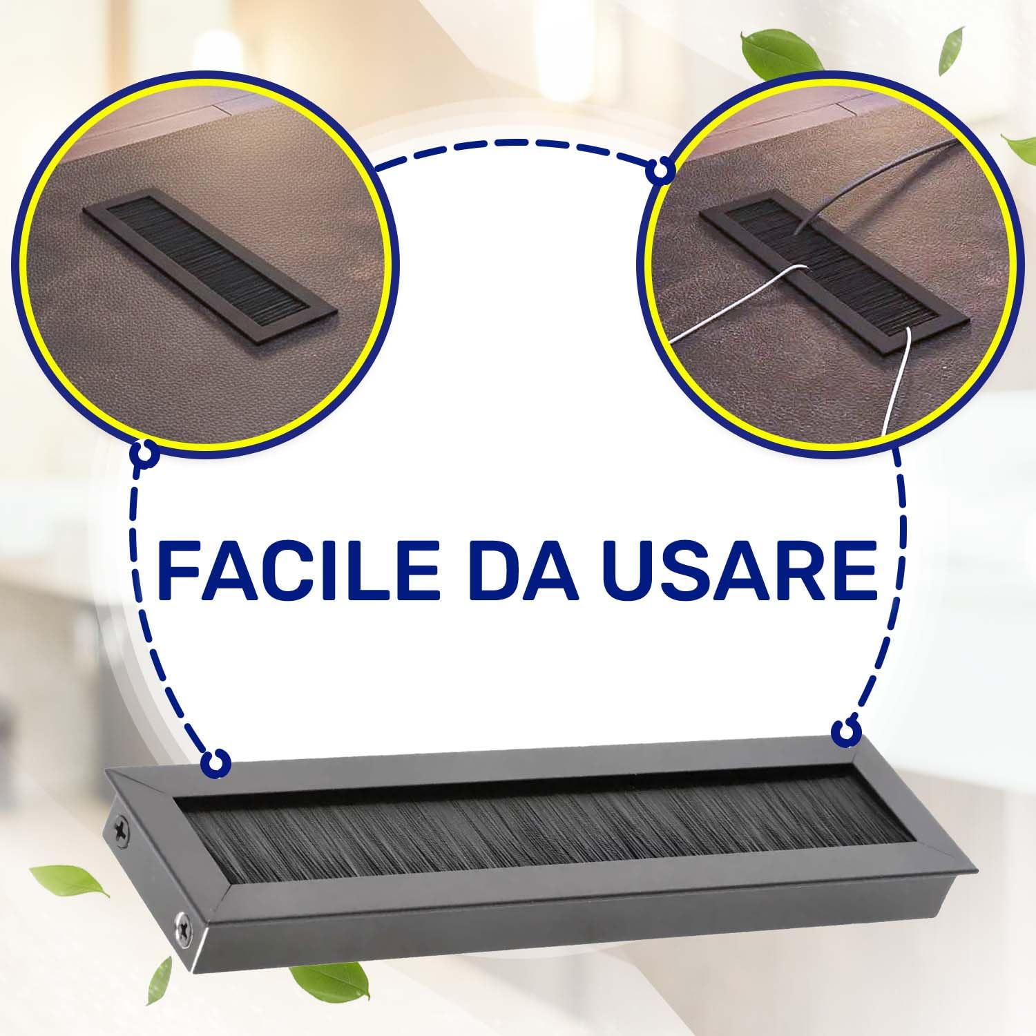 MONTERAL 2 Pezzi Passacavo per Scrivania 180 x 51 mm H19 mm Colore Nero - Tappi Passacavi Scrivania con Spazzola - Garanzia di 10 Anni