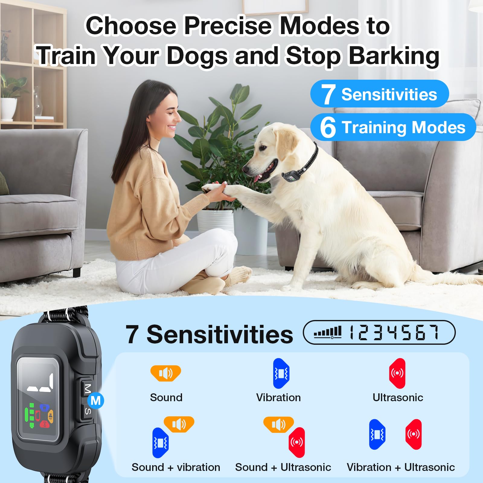 Anti Bark Collars for Dogs,Rechargeable Dog Barking Collar,Beep & Vibration & Ultrasonic,7 Adjustable Sensitivity,Smart Trigger and Protection,Quick Charge,Fits Small Medium Large Dogs - Image 2