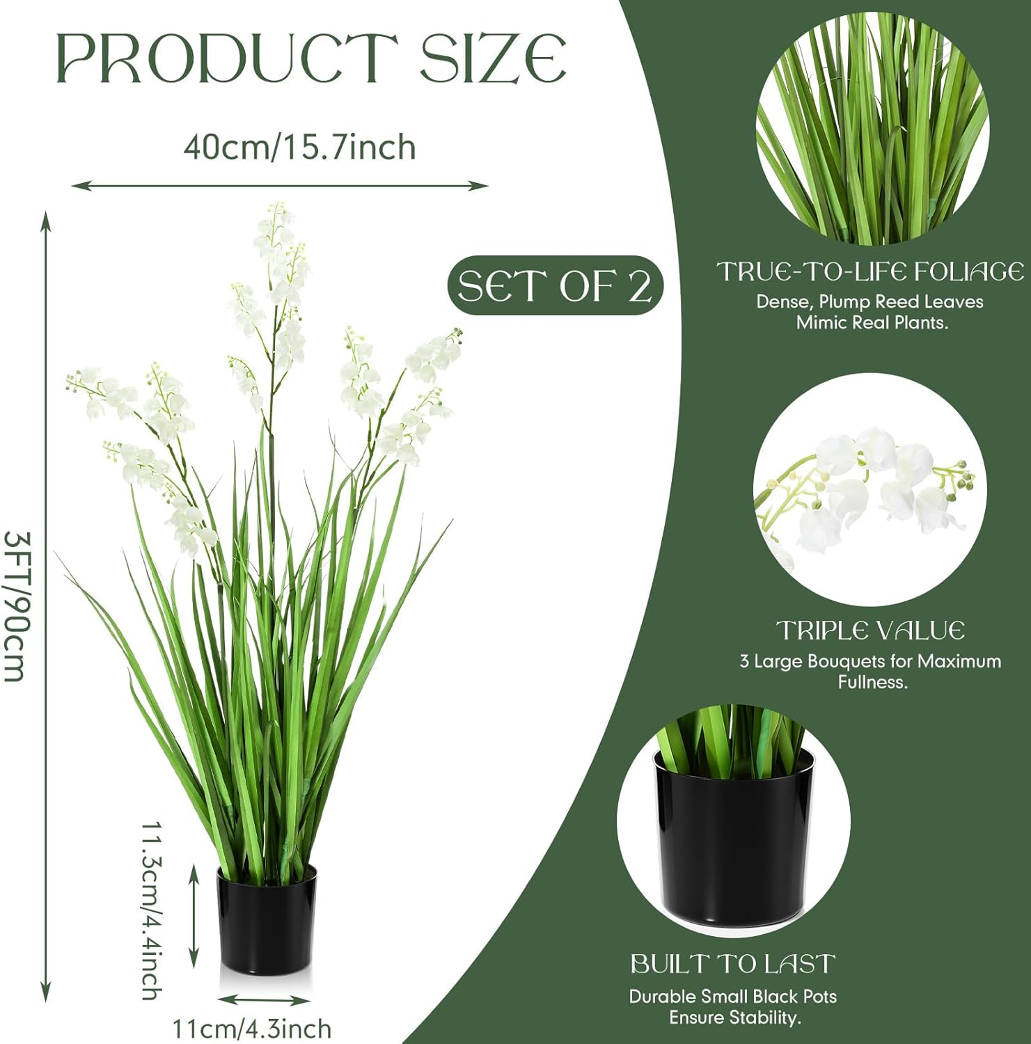 Jexine 2 Pcs 3 ft Tall Artificial Grass Plant Potted Artificial Floor Plants with Lily of the Valley Faux Pampas Grass Tall in Pot for Housewarming Gift House Garden Bathroom Lobby Outdoor Decoration
