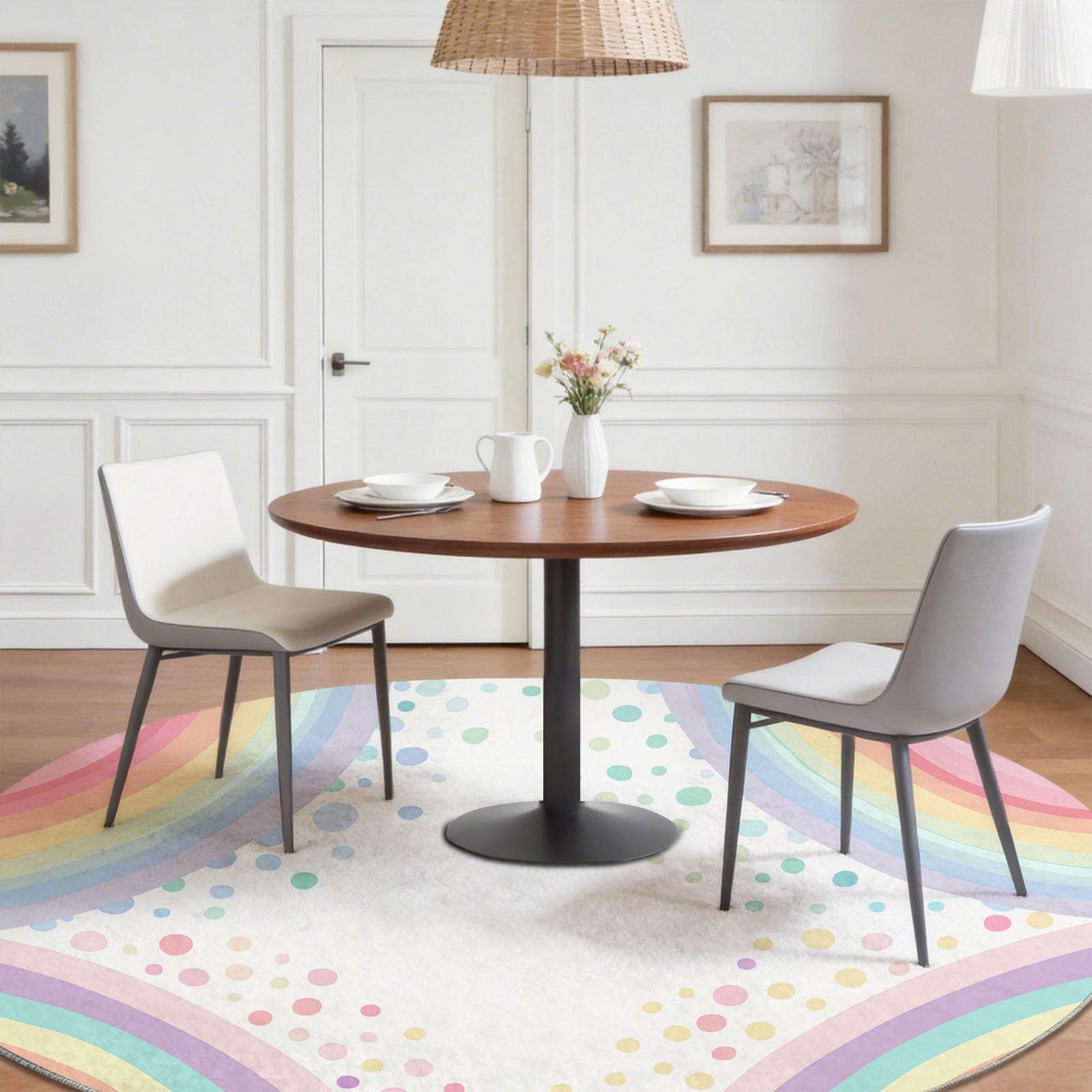 Nordicnave geometryczny okrągły dywan 120 cm tęczowe białe paski w kropki okrągły salon sypialnia można prać w pralce antypoślizgowy dywanik na łóżko do jadalni kuchnia biuro, żłobek
