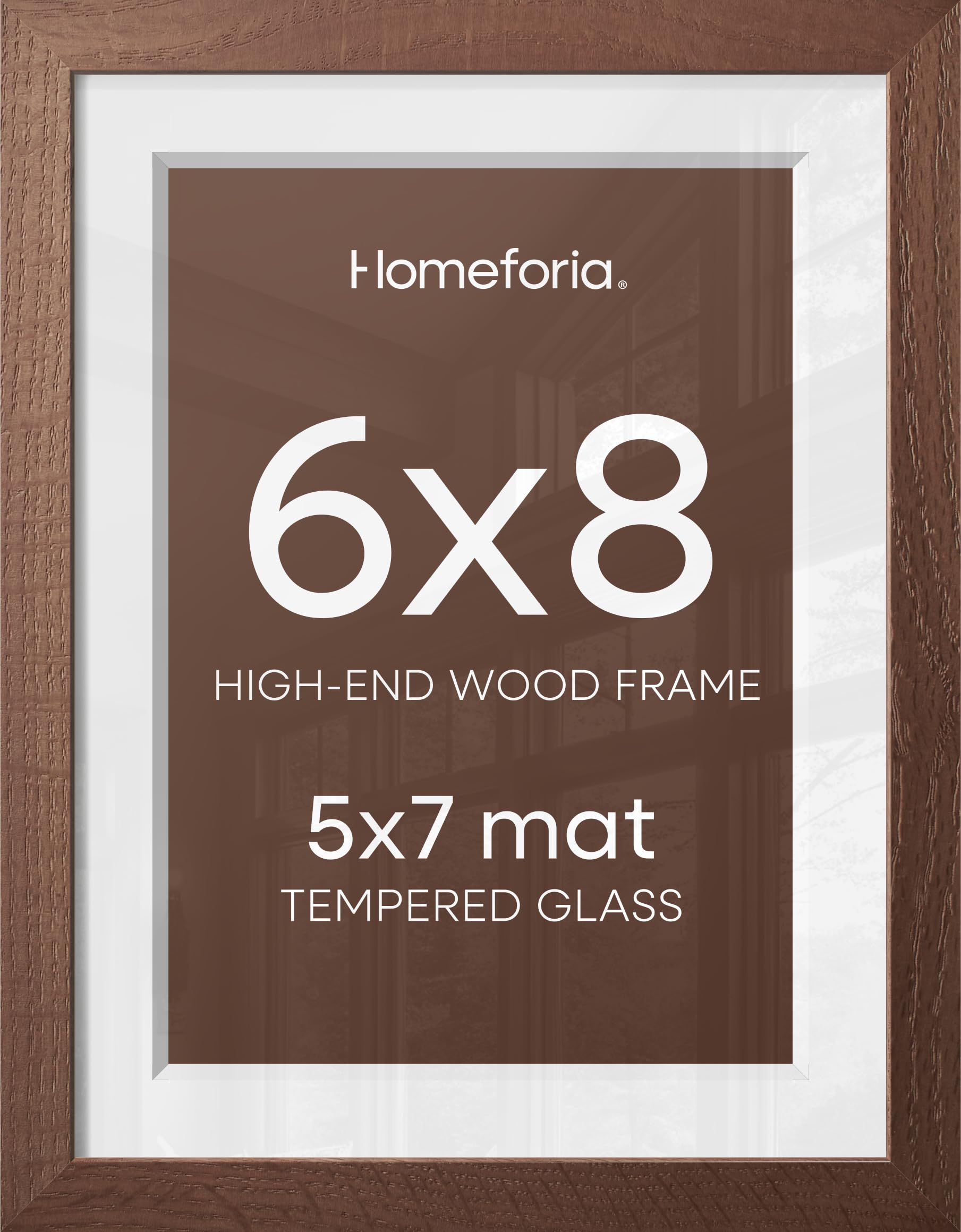 Homeforia 6x8 Brown Oak Picture Frame, High-End Wood, 5x7 Mat, Glass | High End Solid Oak Wood, Tempered Glass, Acid-Free 5x7 Removable Mat, 6x8 Edge-to-Edge Display 8x6, Wall Kit, Set Of 1
