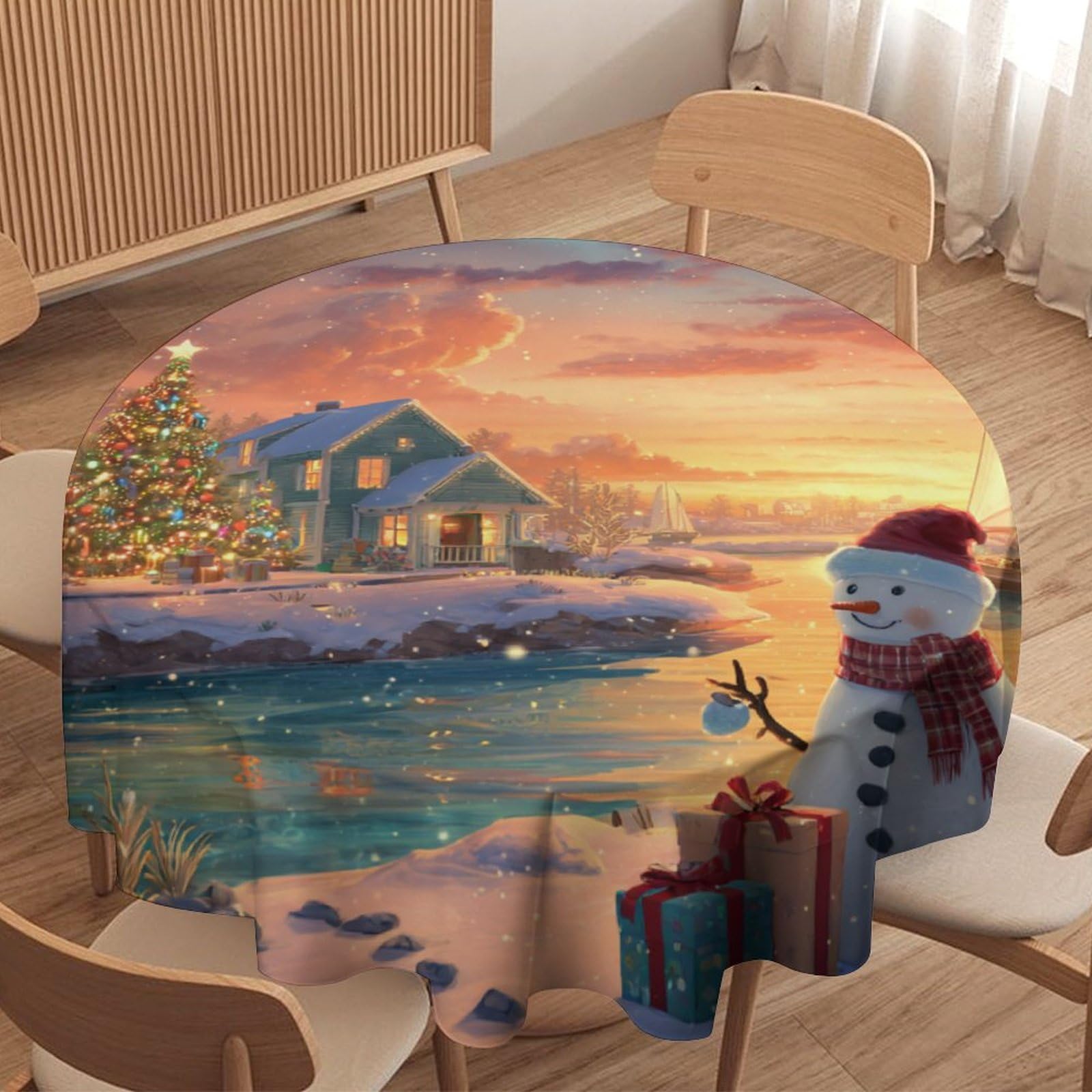 LUYYSKY Cute Abstract Christmas Snowman Round Tablecloth Retro Watercolor Nautical Beach Lighthouse Xmas Tree Washable Decor for Table Cover for Kitchen-127 Wx127 L cm