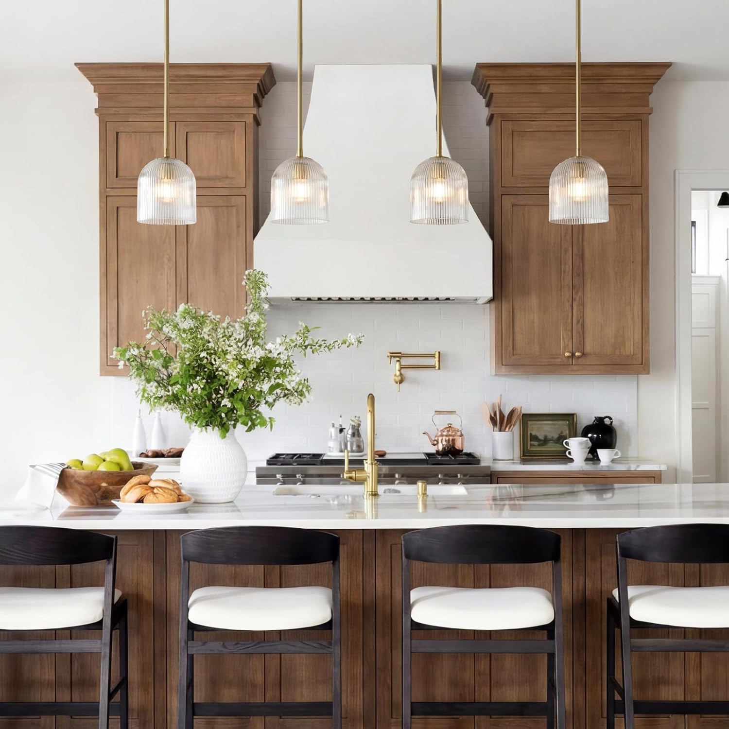 Ribbed Glass Pendant Light Fixture 5 Inch- Clear Vintage Industrial Shade, Adjustable Canopy for Sloped Ceilings, Kitchen Island Lighting, Dining Room & Home Decor Hanging (4.7" Dia x 5.1" H)