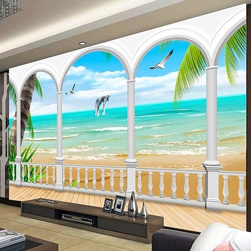Miniatura 3 de Papel tapiz de pared 3D con diseño de gaviota de mar azul diseño de arco de piedra blanca extraíble para pared dormitorio jardín 158 pulgadas de