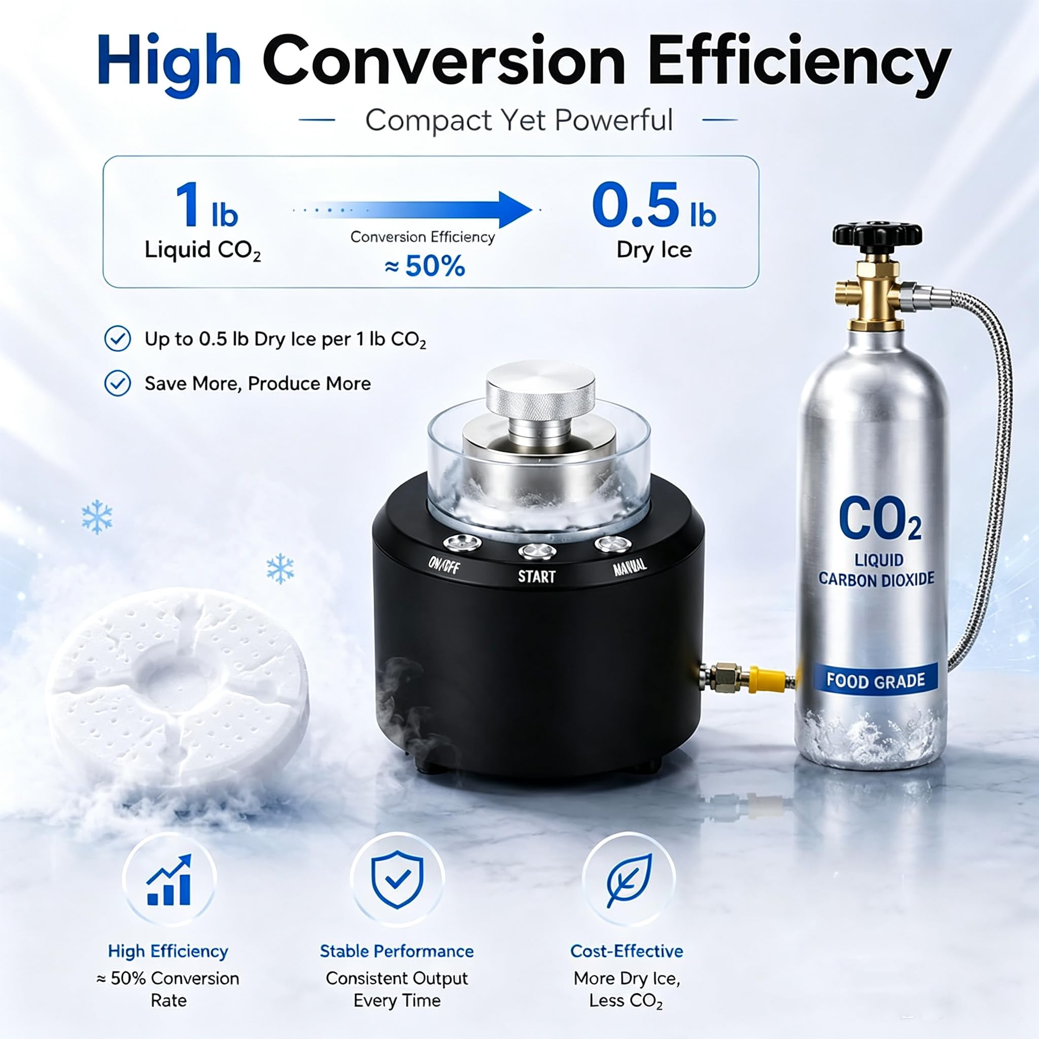 Máquina de hielo seco y enfriador de vasos de doble propósito para bares, restaurantes y discotecas. Producción de hielo en 12-15 segundos y enfriamiento de vasos en 8-12 segundos.