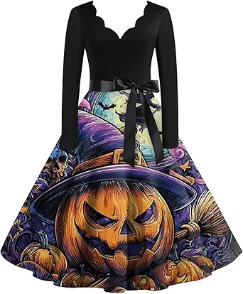 OIOLOYJM Sexy Plus Size Halloween Costumes Woman 2025 Long Sleeve V Neck Printed Gothic Retro Formal Party Dresses for Women
