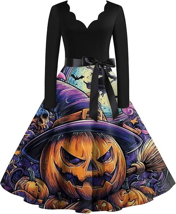 OIOLOYJM Sexy Plus Size Halloween Costumes Woman 2025 Long Sleeve V Neck Printed Gothic Retro Formal Party Dresses for Women