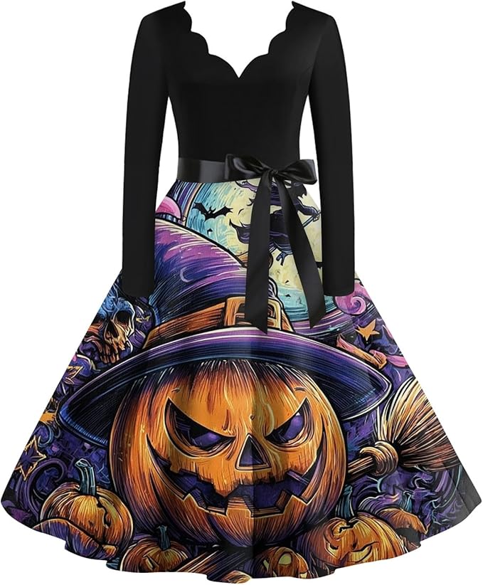 OIOLOYJM Sexy Plus Size Halloween Costumes Woman 2025 Long Sleeve V Neck Printed Gothic Retro Formal Party Dresses for Women