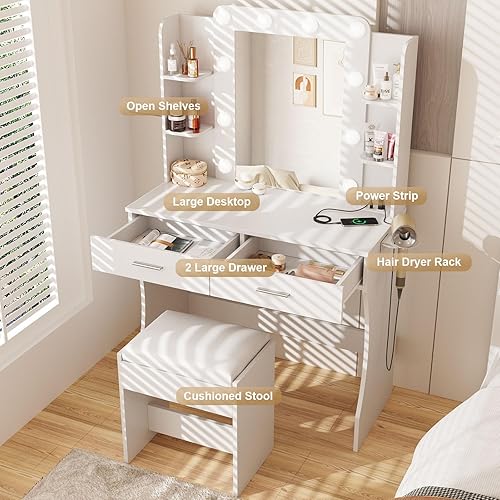 Miniatura 3 de Vabches Escritorio de tocador con espejo y luces, mesa de tocador de maquillaje con estación de carga, juego de tocador con 2 cajones y mucho