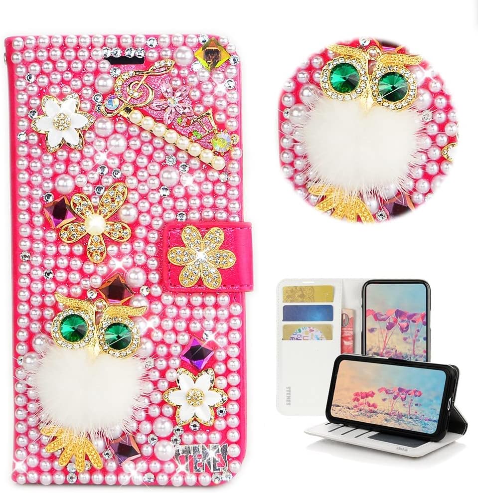 STENES Bling Wallet Phone Case Compatible with Samsung Galaxy A71 - Stylish - 3D Handmade Musoc Flowers Night Owl Glitter Magnetic Wallet Magnetic Wallet Stand Leather Cover Case - Red