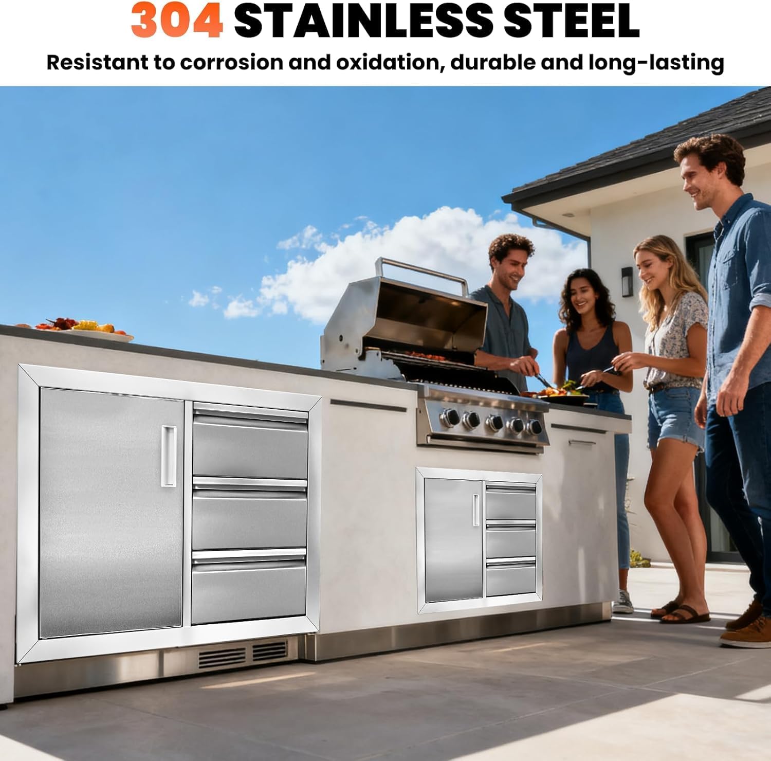 Outdoor Kitchen Built-in Cabinet, 28" Stainless Steel Triple Drawers & Access Door Combo, Rust-Resistant Outdoor Kitchen Drawer for BBQ Island Station