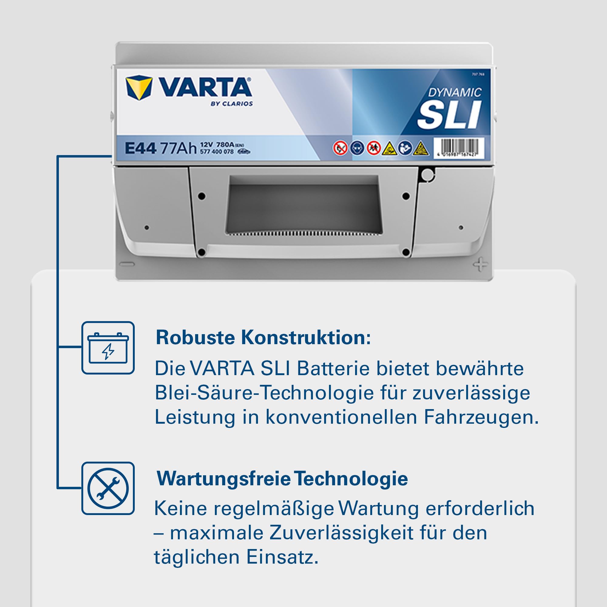 VARTA Automotive DYNAMIC SLI (E44) 12V 77Ah 780A - Nassbatterie KFZ mit Standardausstattung & ohne Start-Stopp System - Starterbatterie für einfachen Energiebedarf - Bleisäurebatterie wartungsfrei | Starterbatterie Standardausstattung & ohne Start-Stopp S