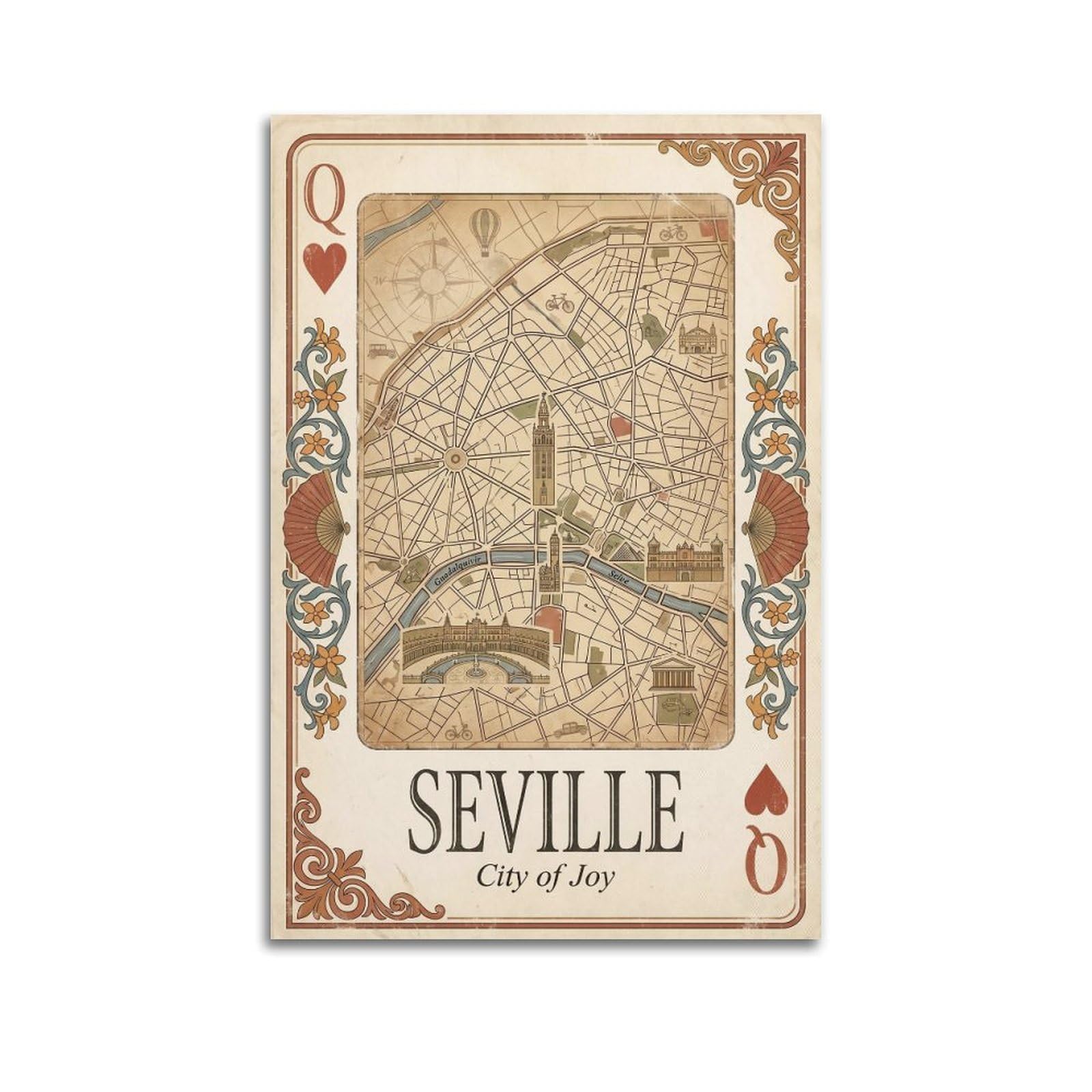 OKNGB Vintage City Map Poster Seville Andalusia Spain Playing Card Style Decorative Painting Canvas Art Picture 20x30inch(50x75cm)