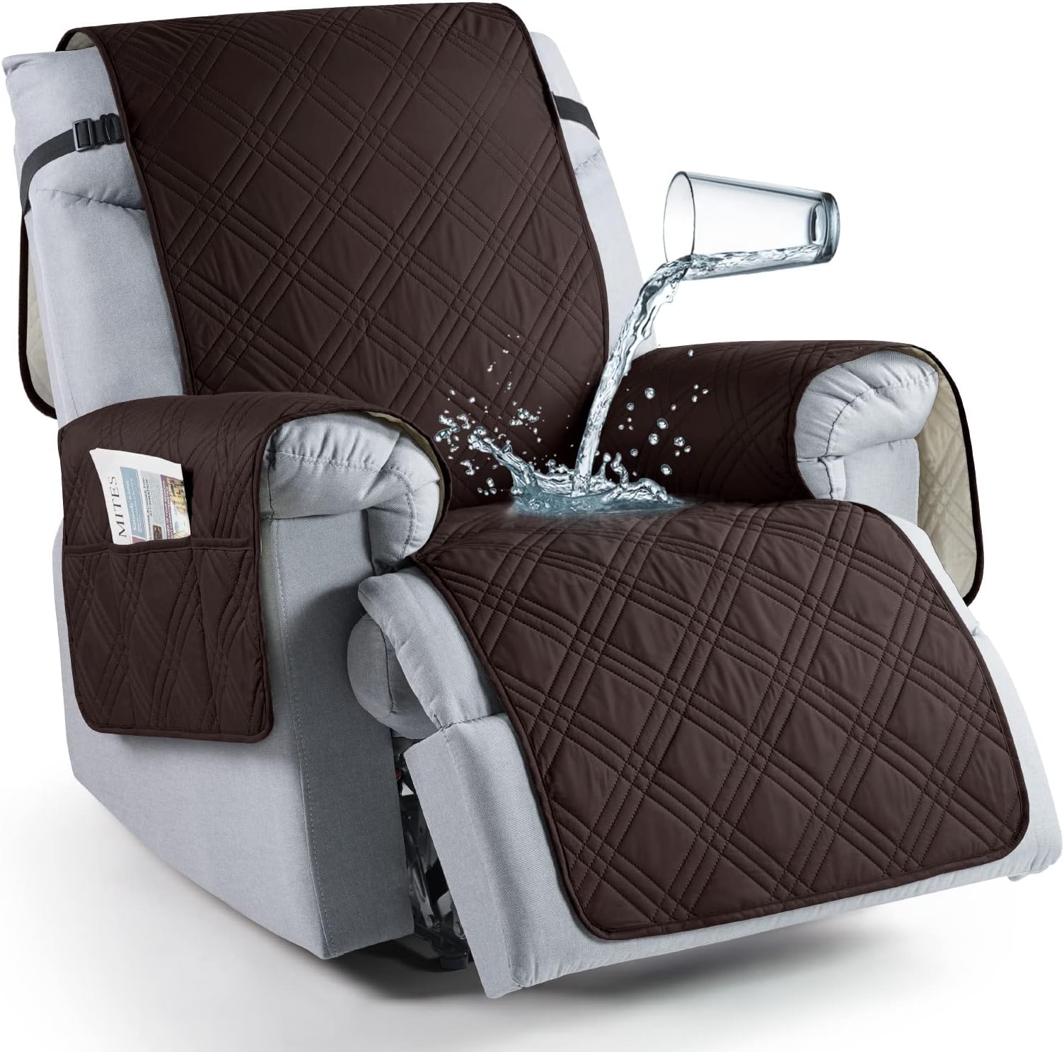 TAOCOCO 100% Waterproof Recliner Chair Cover, Small Recliner Covers for Recliner Chair with Pocket, Non Slip Reclining Chair Cover Furniture Protector for Kids, Pets(20'', Coffee)