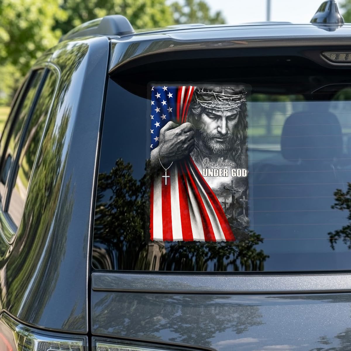 Naklejka samochodowa Premium One Nation Under God Jesus amerykańska flaga – chrześcijańska patriotyczna winylowa naklejka na okno, religijny Jezus naklejka na samochód ciężarowy SUV na tylną szybę