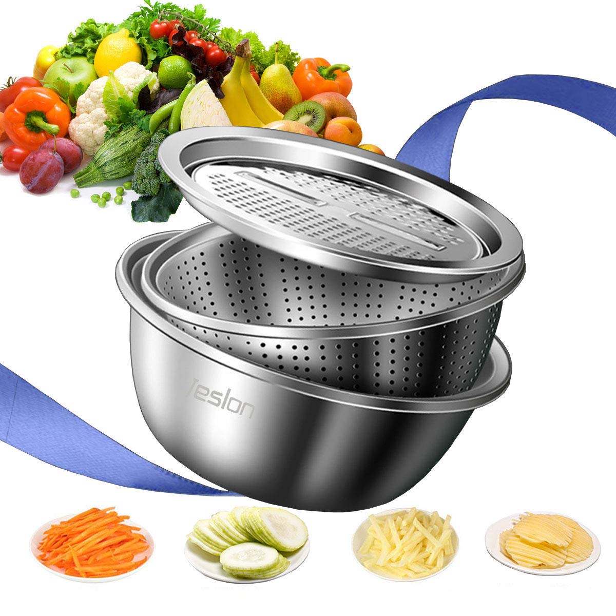 Jeslon11 Inch Stainless Steel Drain Basket Vegetable Cutter, 3 in 1 Kitchen Multipurpose Julienne Grater - Salad Maker Bowl