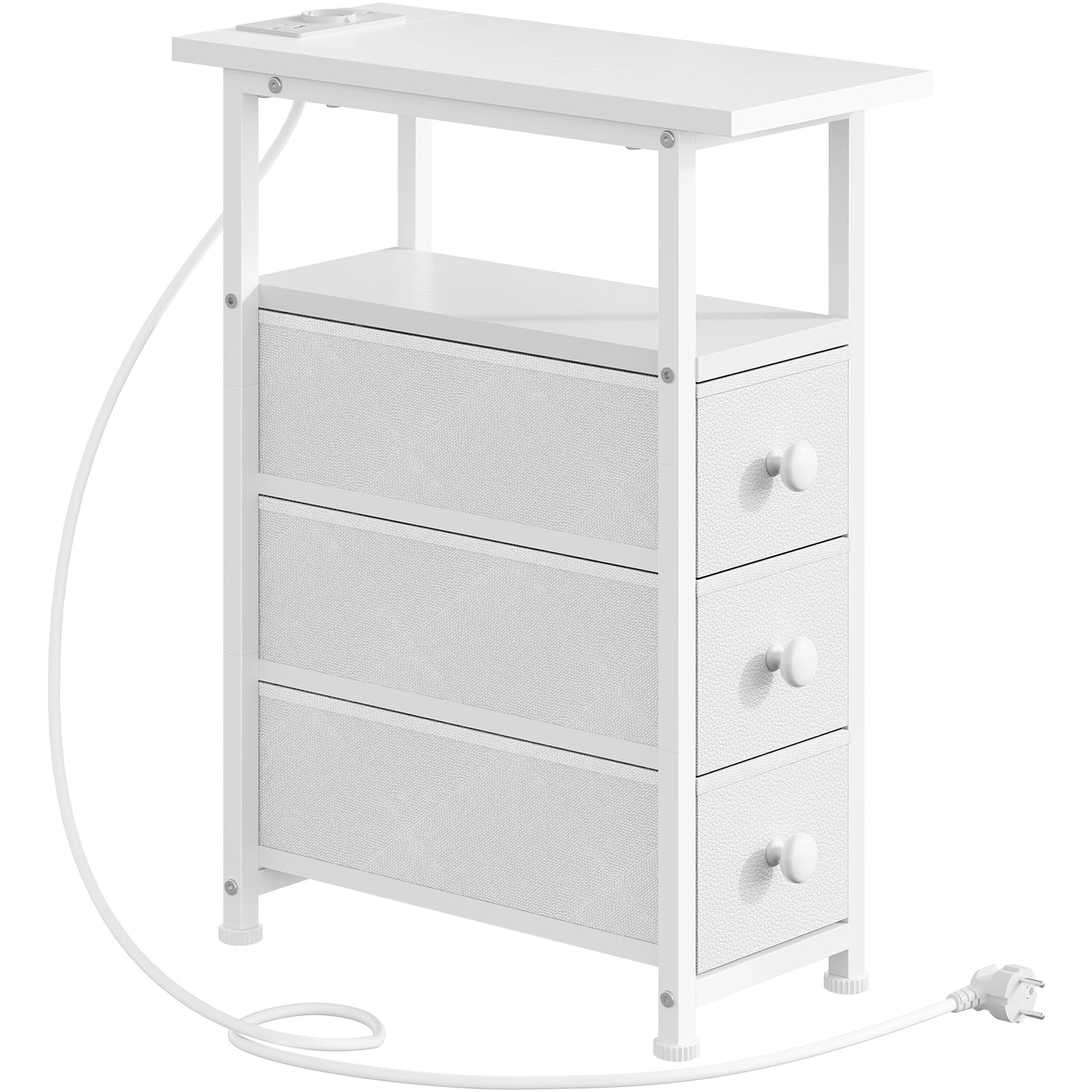 HOOBRO Tables de Chevet avec Multiprises, 1 Prise et 2 Ports USB, Tables d’Appoint avec 3 Tiroirs, Bouts de Canapé avec Rangement, Petit Espace, Salon, Chambre, Blanc EWW482CBZ01