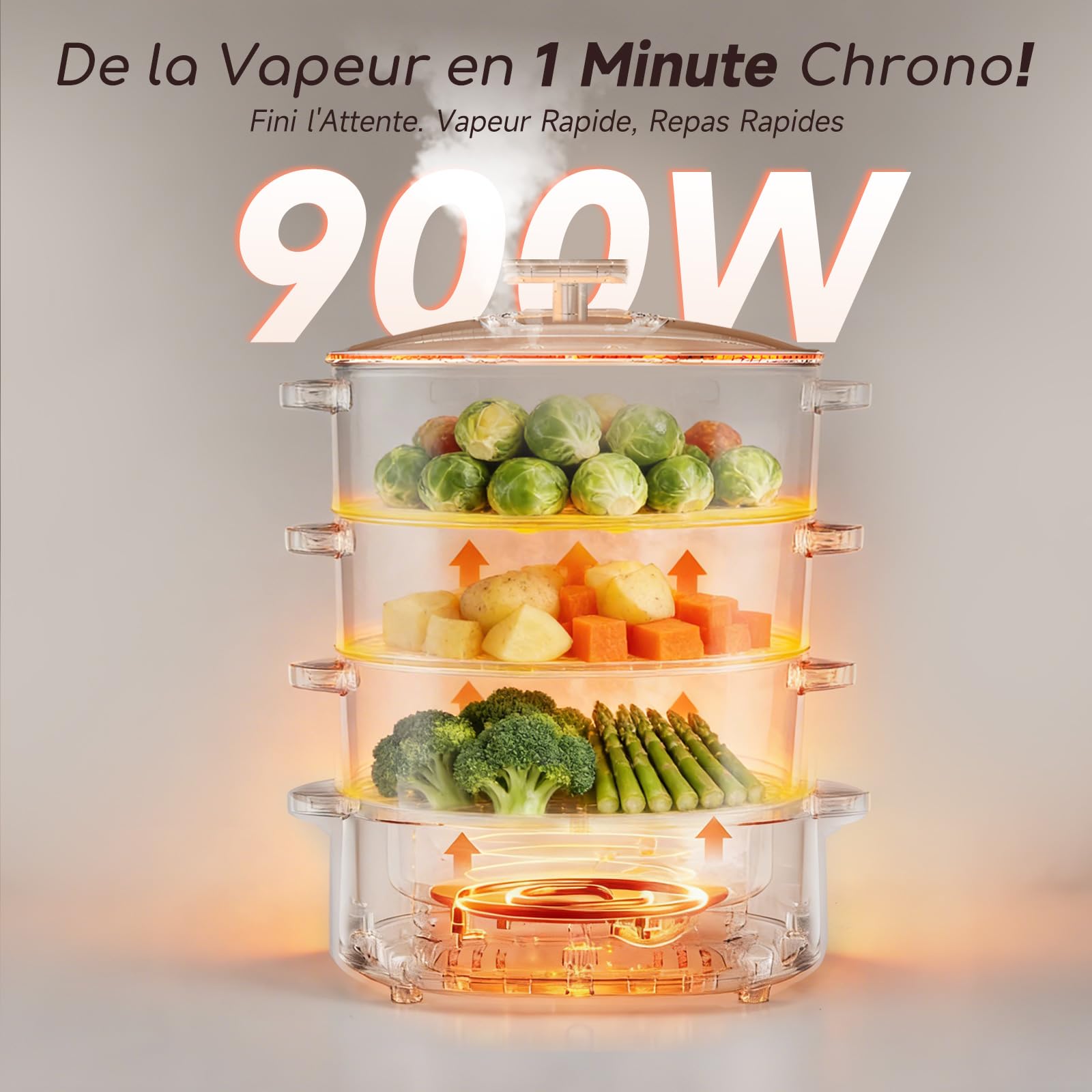 Aigostar Cuiseur Vapeur Electrique 12L 900W 3 Récipients Empilables Minuterie 60 Minutes Sans BPA