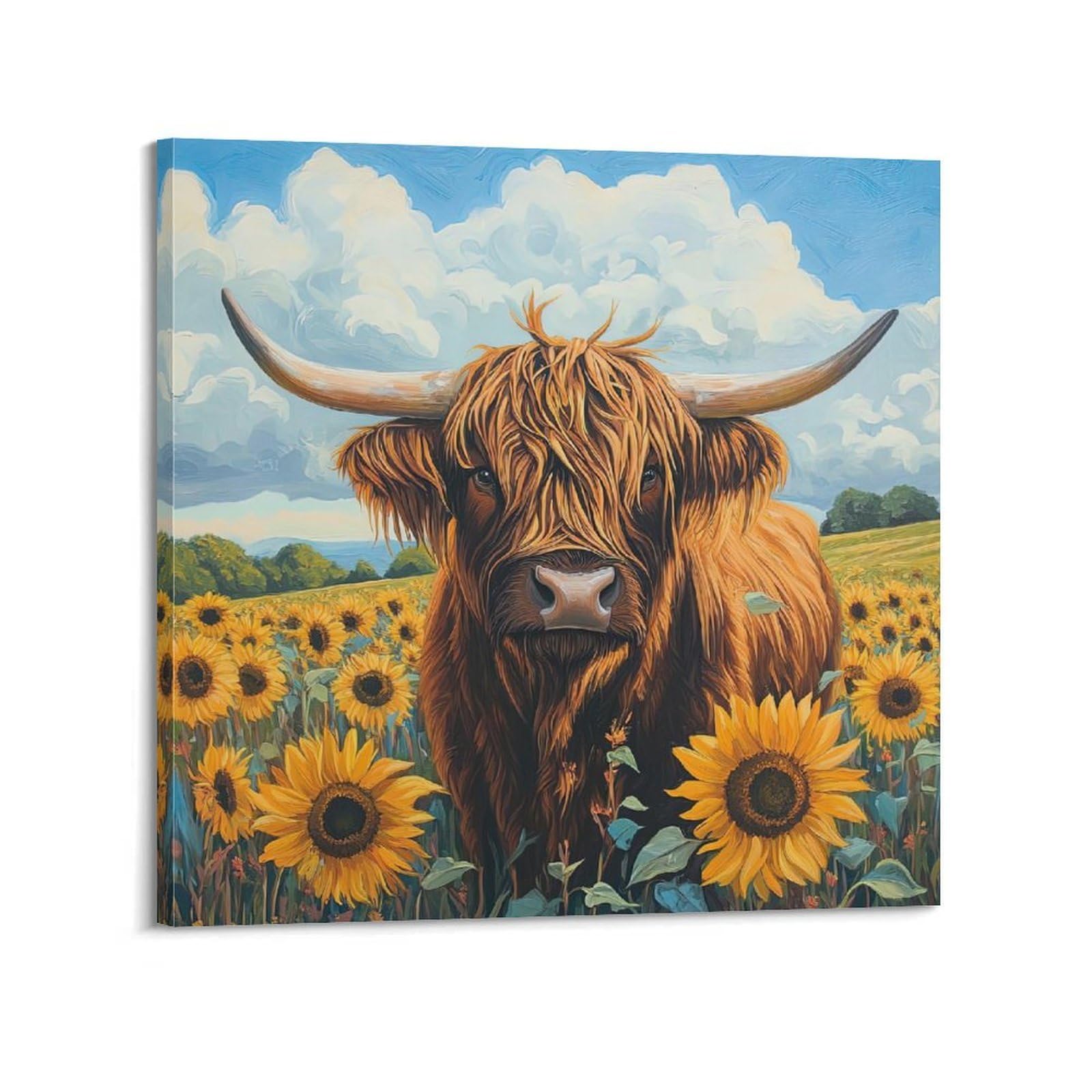 ESTE Vintage Highland Cow Sunflower Artwork Poster Decorative Painting Canvas Modern Art Picture 24x24inch(60x60cm)