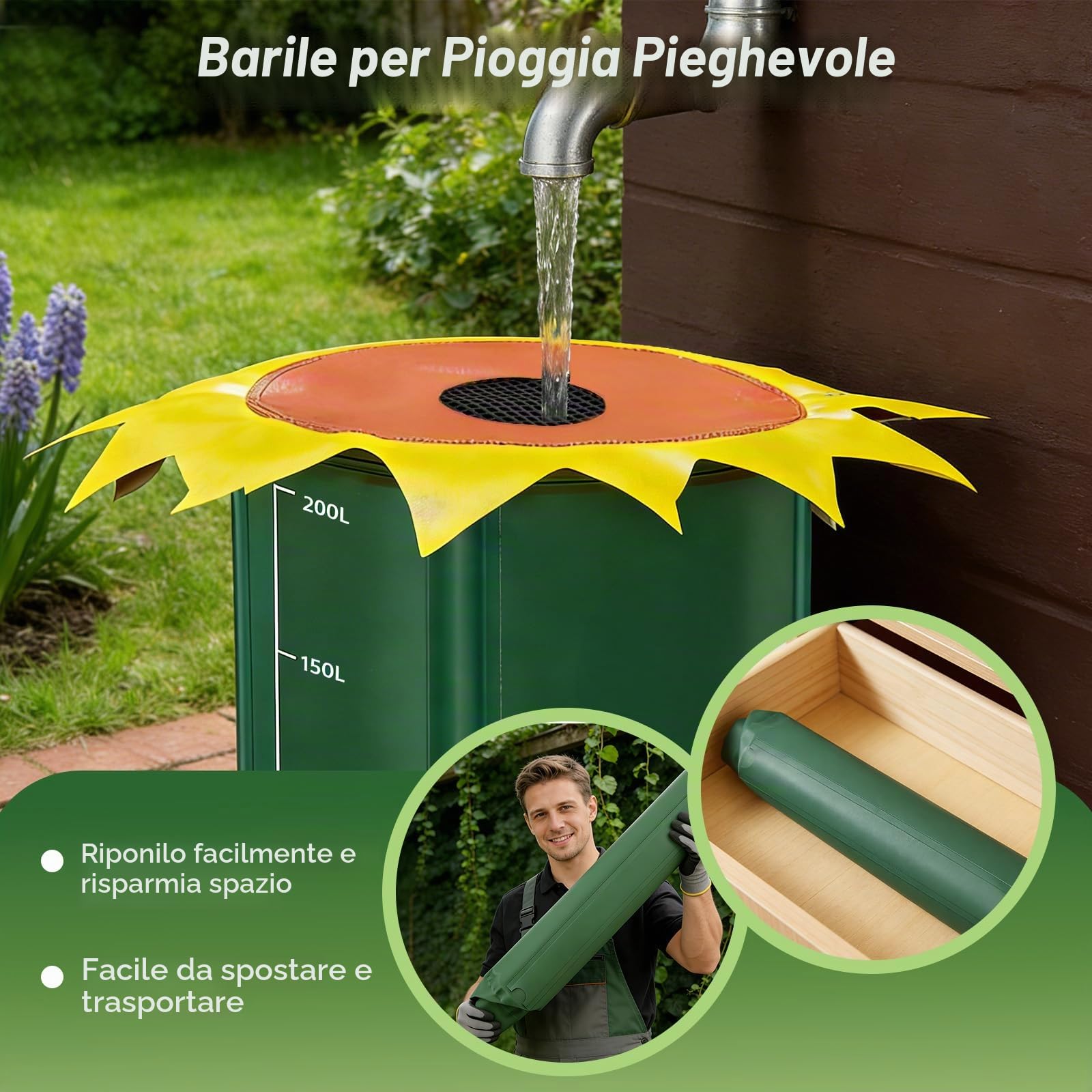 Cisterna pieghevole da 200 litri, serbatoio per acqua piovana in PVC per giardino con coperchio e rubinetto, set di contenitori di raccolta, contenitori di stoccaggio a lungo termine per giardino