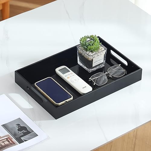 Miniatura 4 de Bandeja acrílica negra de gran tamaño con asas, 12 x 20 pulgadas, a prueba de derrames, bandejas decorativas para encimera para otomana, mesita de