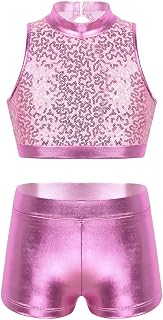 Huimingda Girls Kids Two Pieces Gymnastics Dance Outfits Cutout Back Crop Top with Metallic Bottoms Set