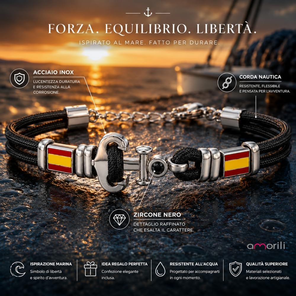 Bracciale Ancora Uomo con Bandiere in Acciaio Inox e Zircone Nero – Simbolo Nautico Mare Estate Vela – Idea Regalo Uomo bcc2494b