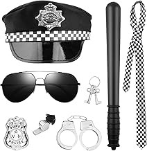 Adult Policeman Costume, 8 Pcs Set of Police Accessories with Adult Policeman Hat, Handcuffs, Badge, Tie, Key, Monkey, Whistle and Glasses