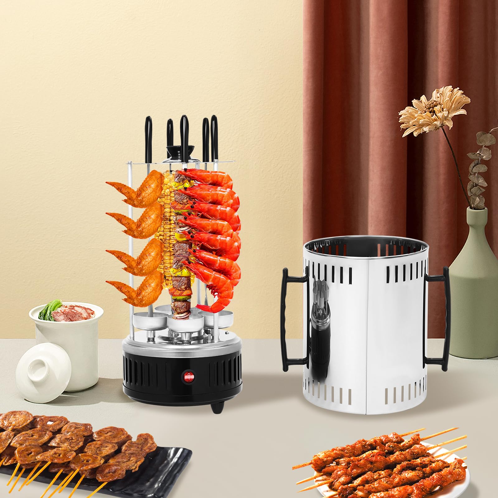 Barbacoa eléctrica vertical de acero inoxidable, parrilla giratoria de 1000W para el hogar, parrilla redonda con 5 pinchos, mangos y bandeja para goteo de aceite, Negro, Plata