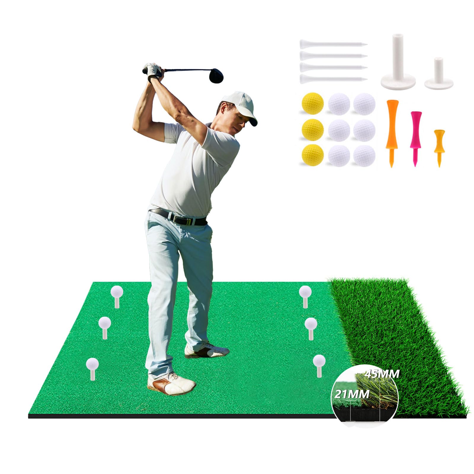 Golf Hitting Mat, 5x4FT, Thickening Premium with 9 Balls & 9 Tees, Foldable Golf Turf Mat Practice Swing Mats for Indoor outdoor training
