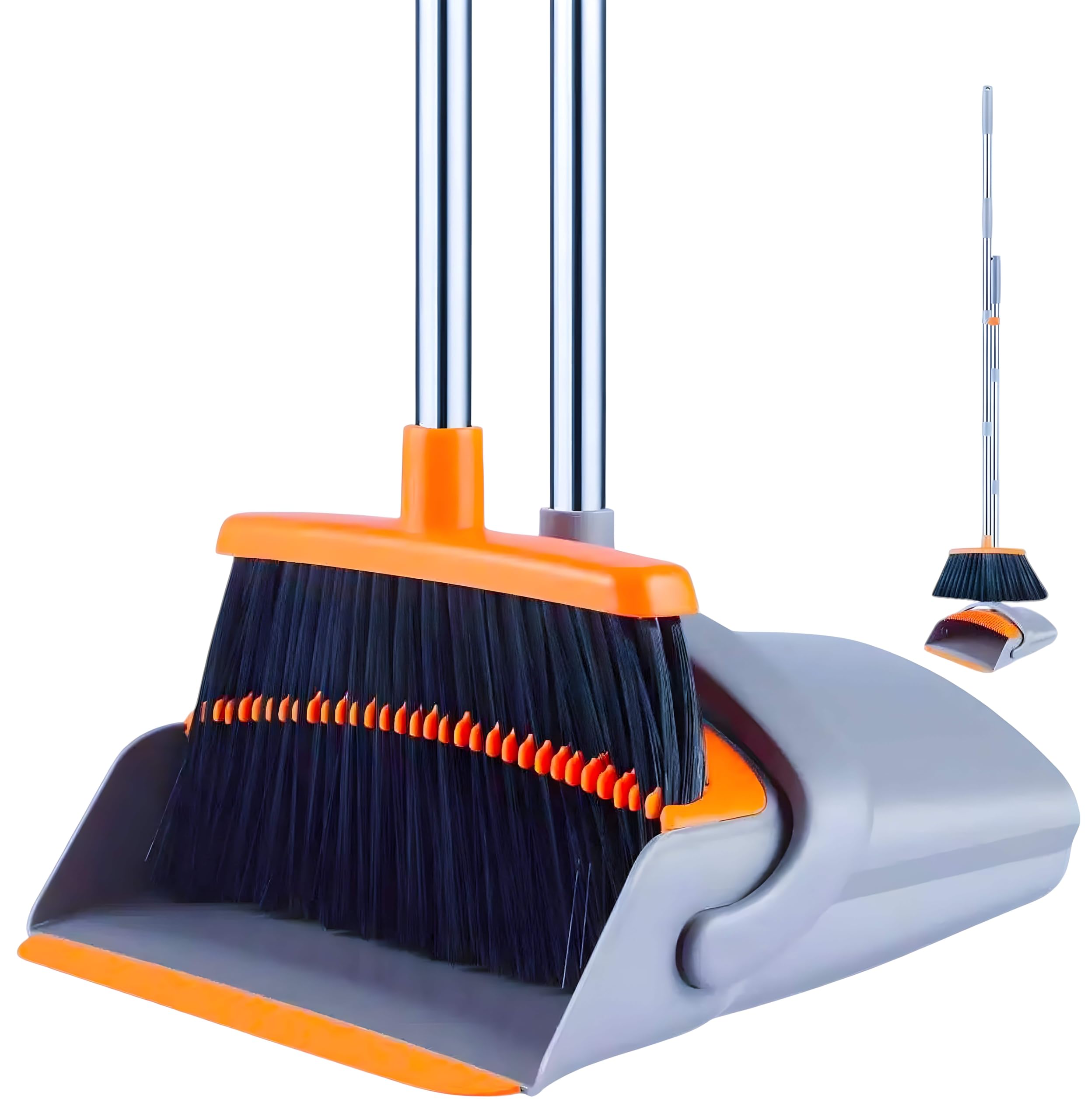 Kens Clean Upgrade Broom and Dustpan Set, Self-Cleaning with Dustpan Teeth, Indoor&Outdoor Sweeping, Ideal for Dog Cat Pets Home Use, Stand Up Broom and Dustpan (Gray&Orange)